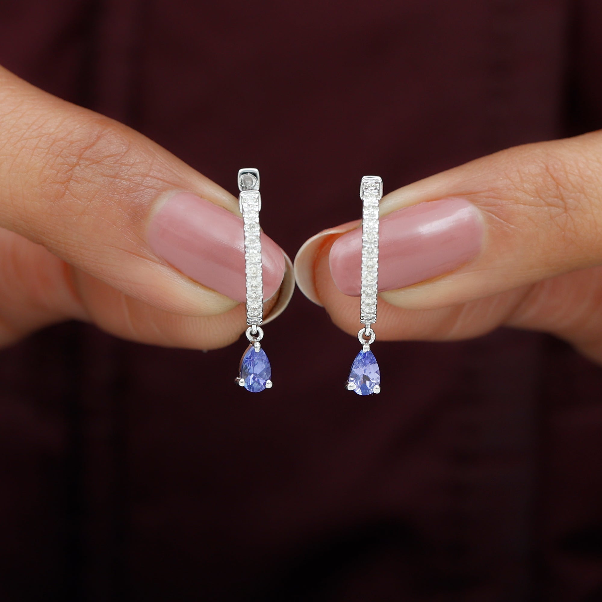 1 CT Blue Tanzanite Teardrop Hoop Earrings with Diamond Accent Tanzanite - ( AAA ) - Quality - Rosec Jewels