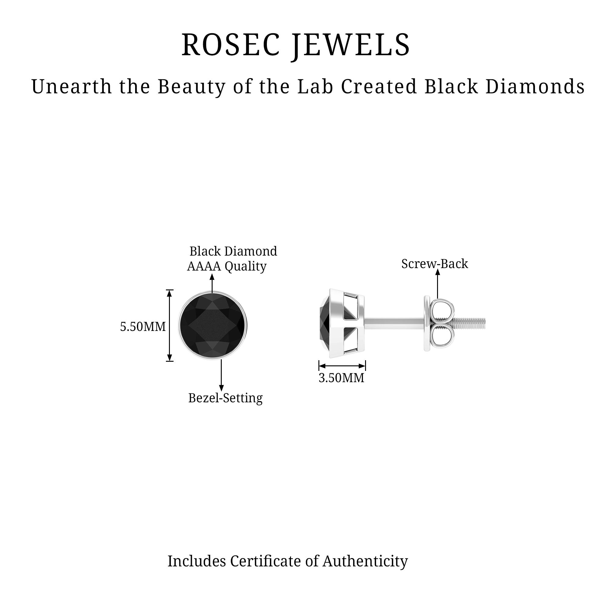 5 MM Created Black Diamond Solitaire Stud Earring in Bezel Setting Lab Created Black Diamond - ( AAAA ) - Quality - Rosec Jewels