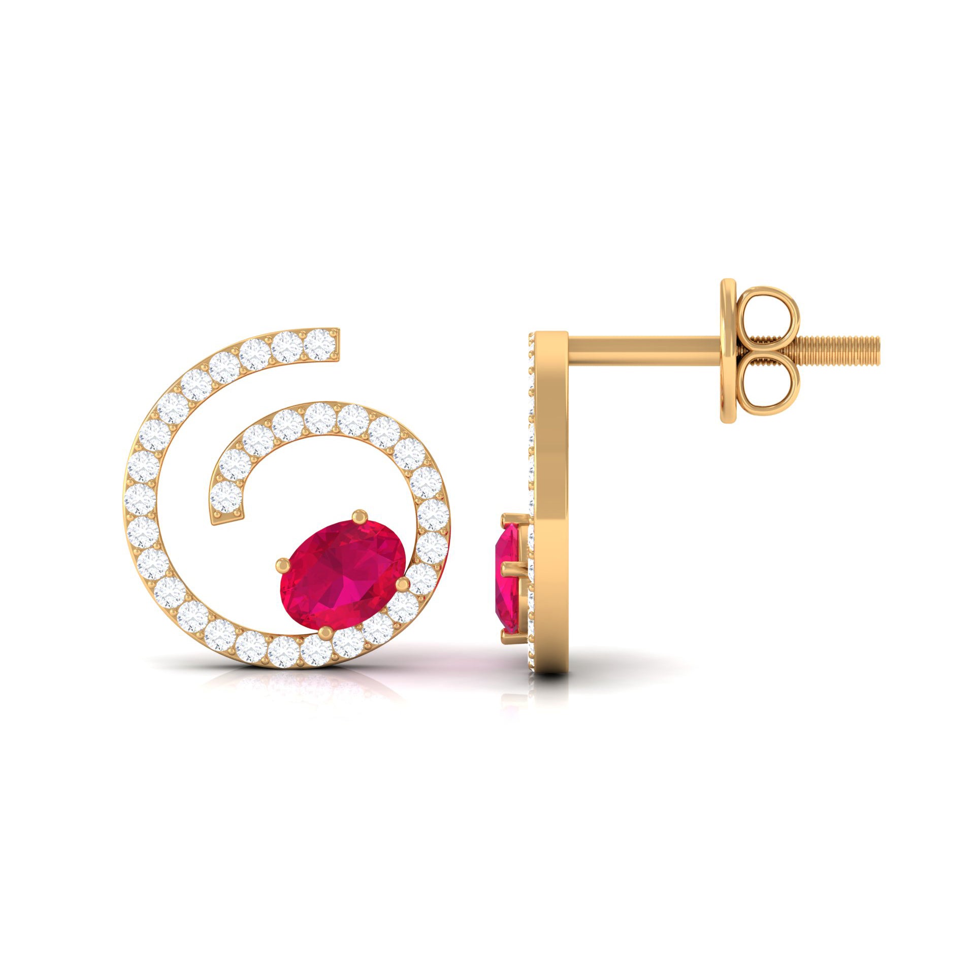 Spiral Stud Earring with Ruby and Diamond Ruby - ( AAA ) - Quality - Rosec Jewels