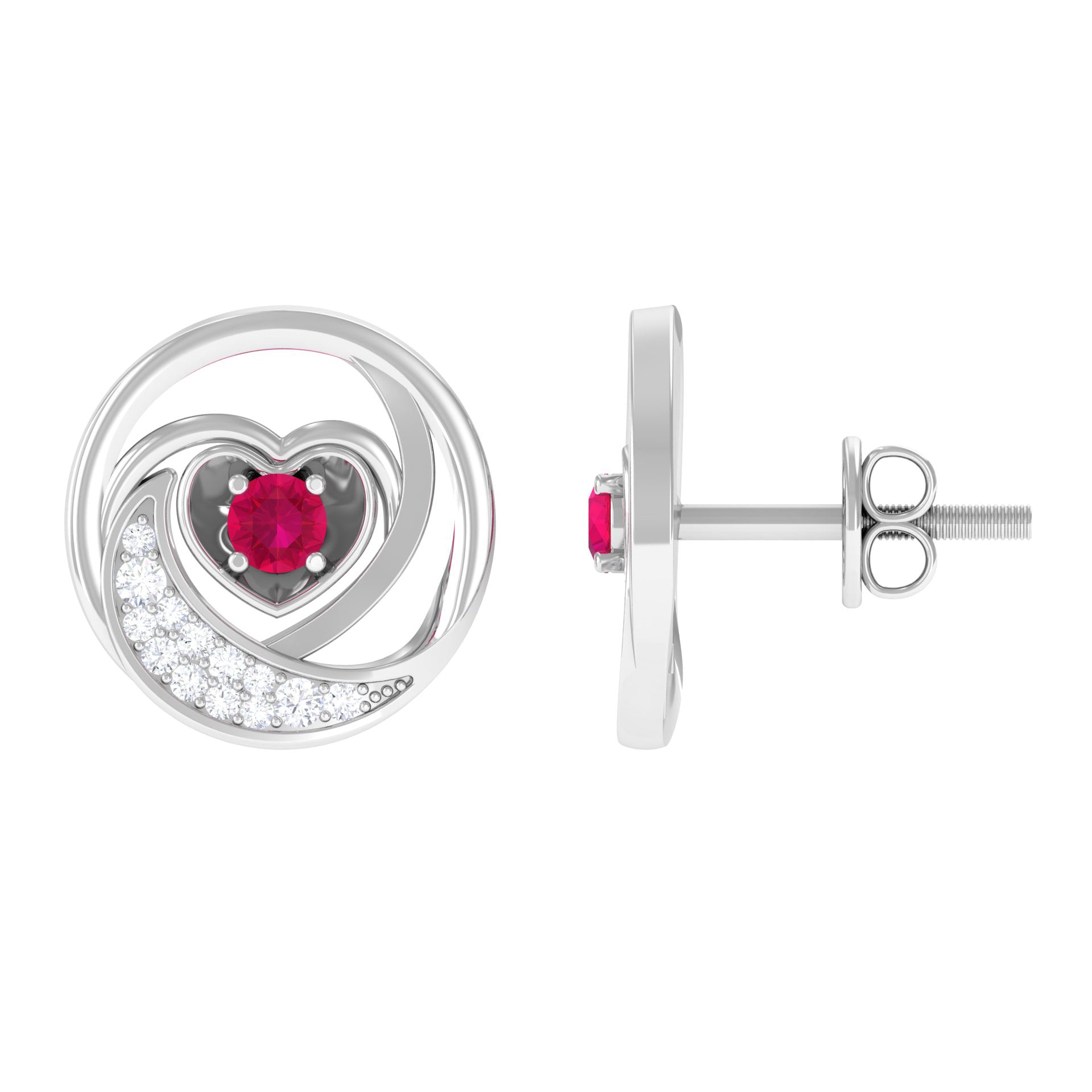 Genuine Ruby and Diamond Minimal Heart Stud Earrings Ruby - ( AAA ) - Quality - Rosec Jewels