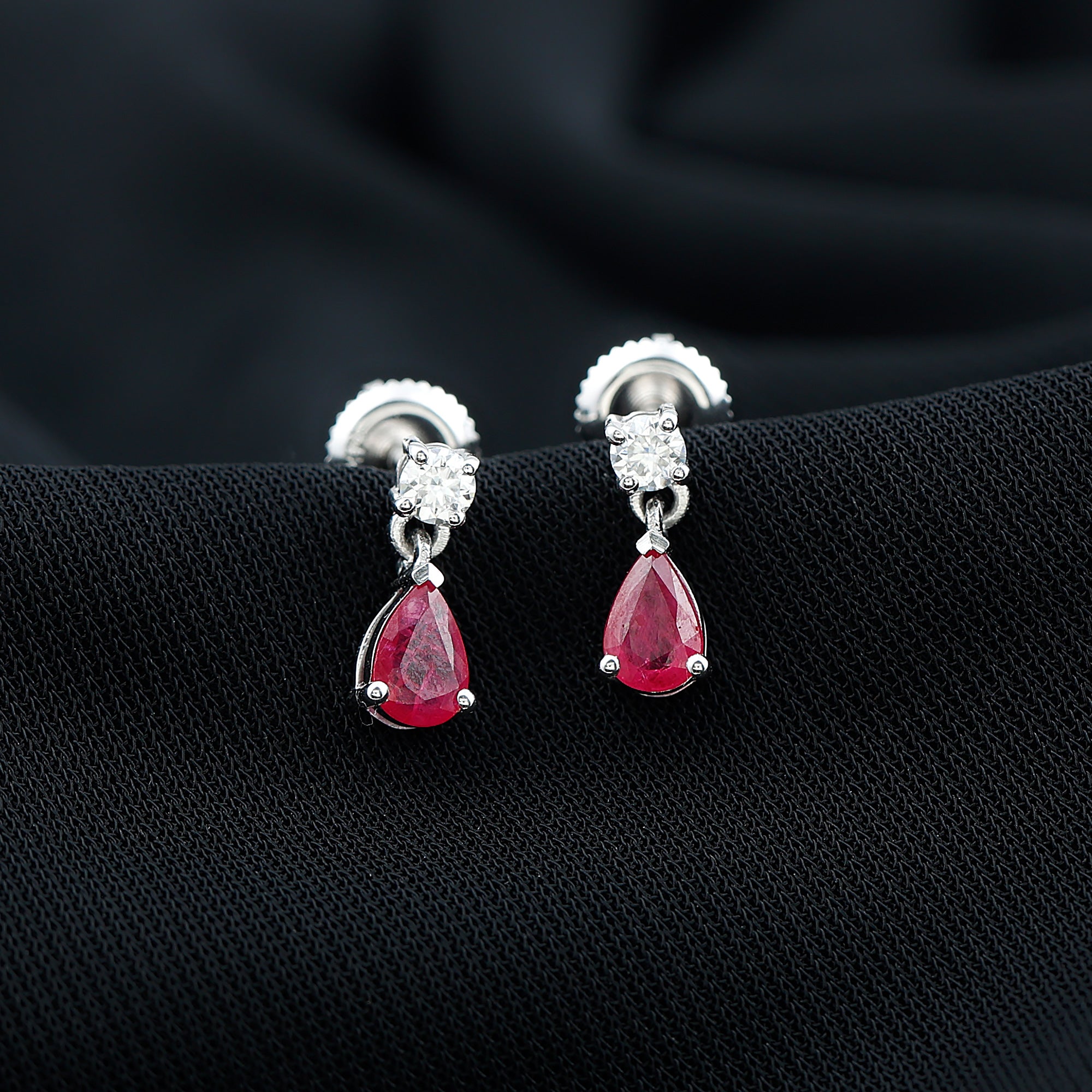 Natural Red Ruby Dangle Drop Earrings with Moissanite forWomen Ruby - ( AAA ) - Quality - Rosec Jewels