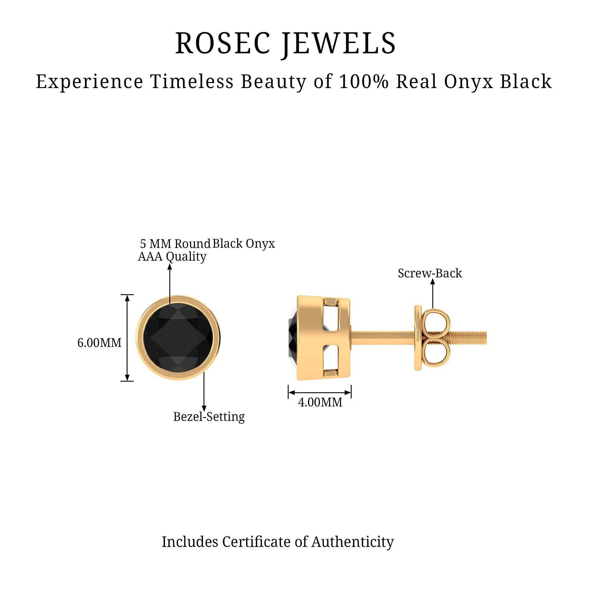 Black Onyx Solitaire Stud Earrings in Bezel Setting Black Onyx - ( AAA ) - Quality - Rosec Jewels