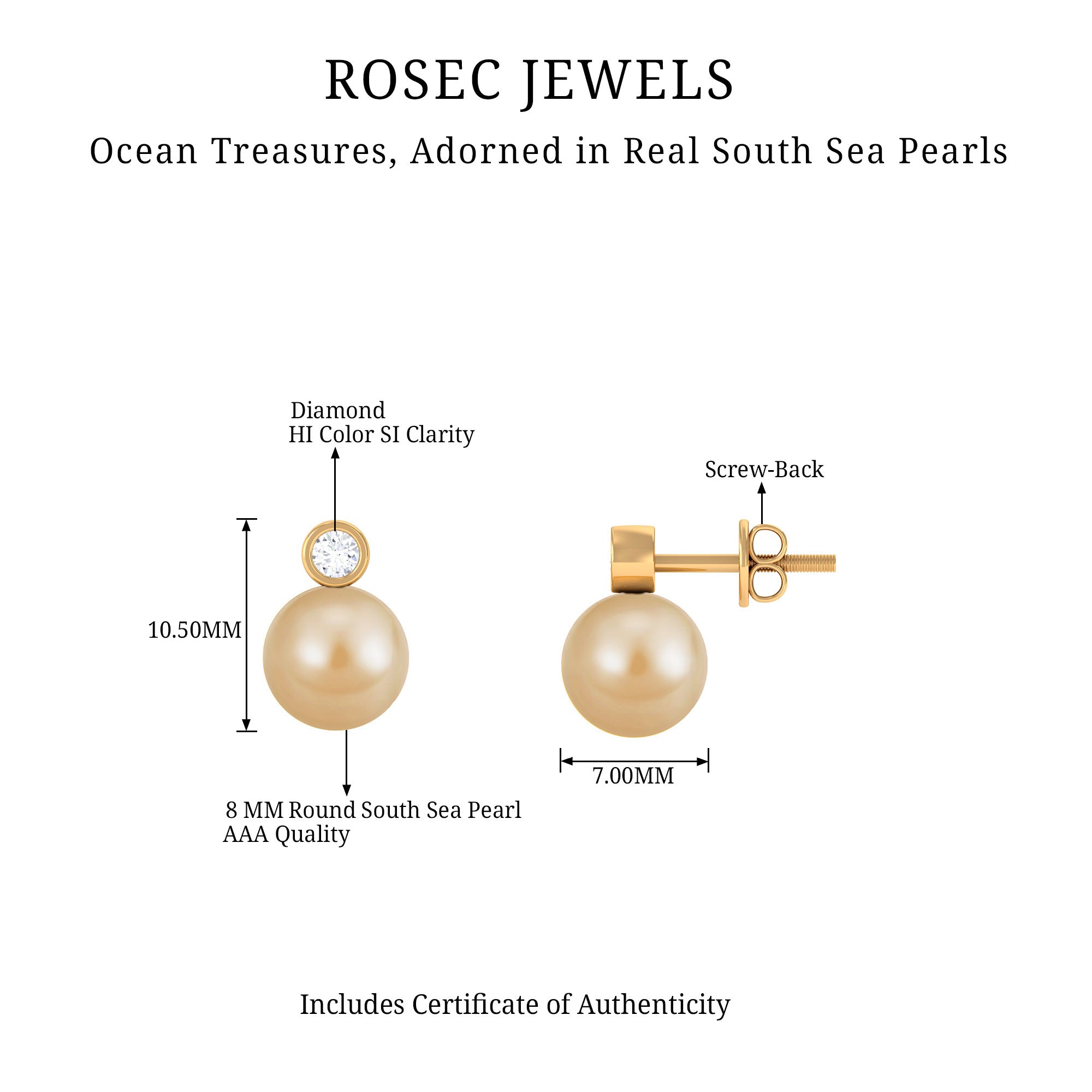 Bead Set South Sea Pearl Elegant Stud Earring with Diamond South Sea Pearl - ( AAA ) - Quality - Rosec Jewels