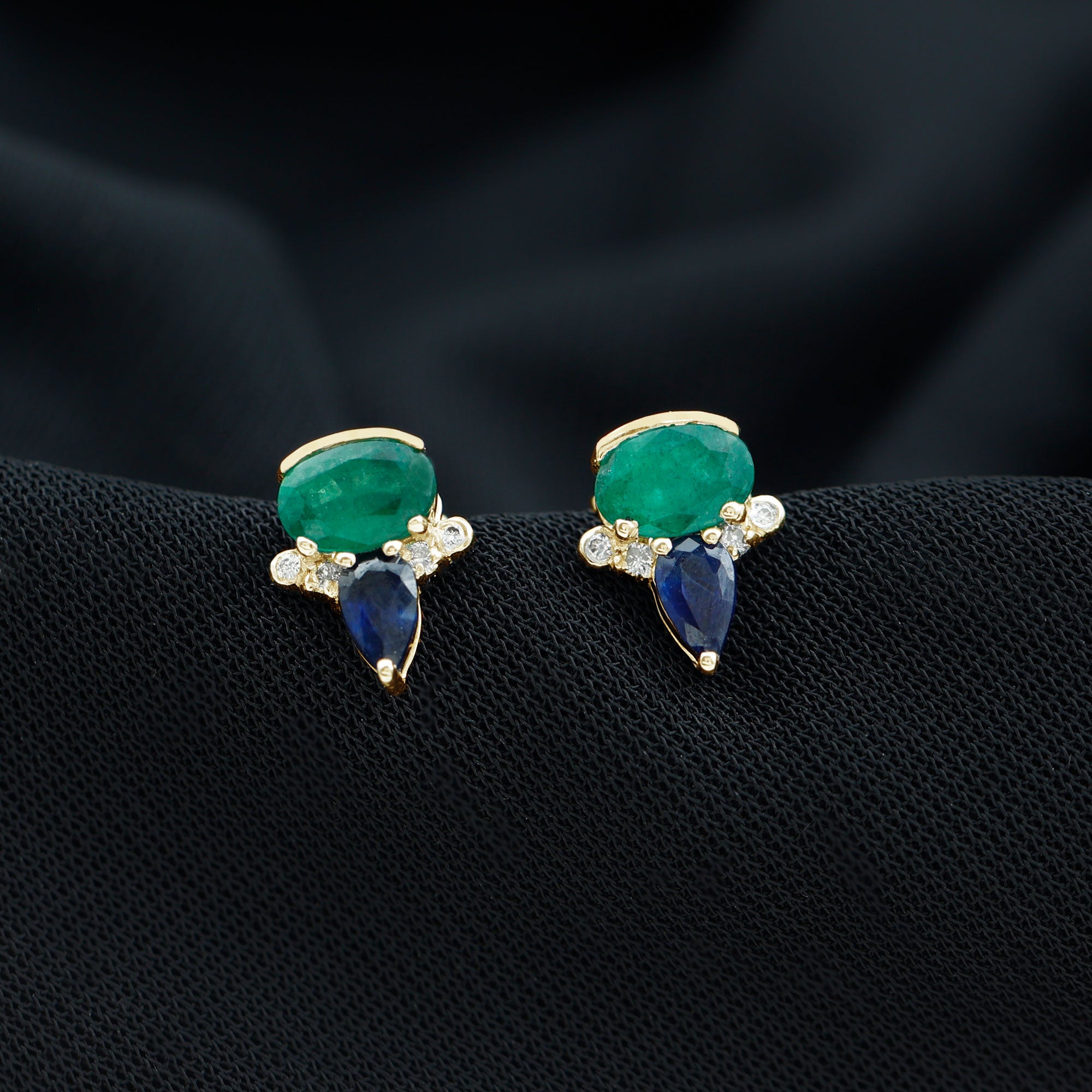 1.50 CT Blue Sapphire and Emerald Antique Stud Earrings with Diamond Accent Blue Sapphire - ( AAA ) - Quality - Rosec Jewels