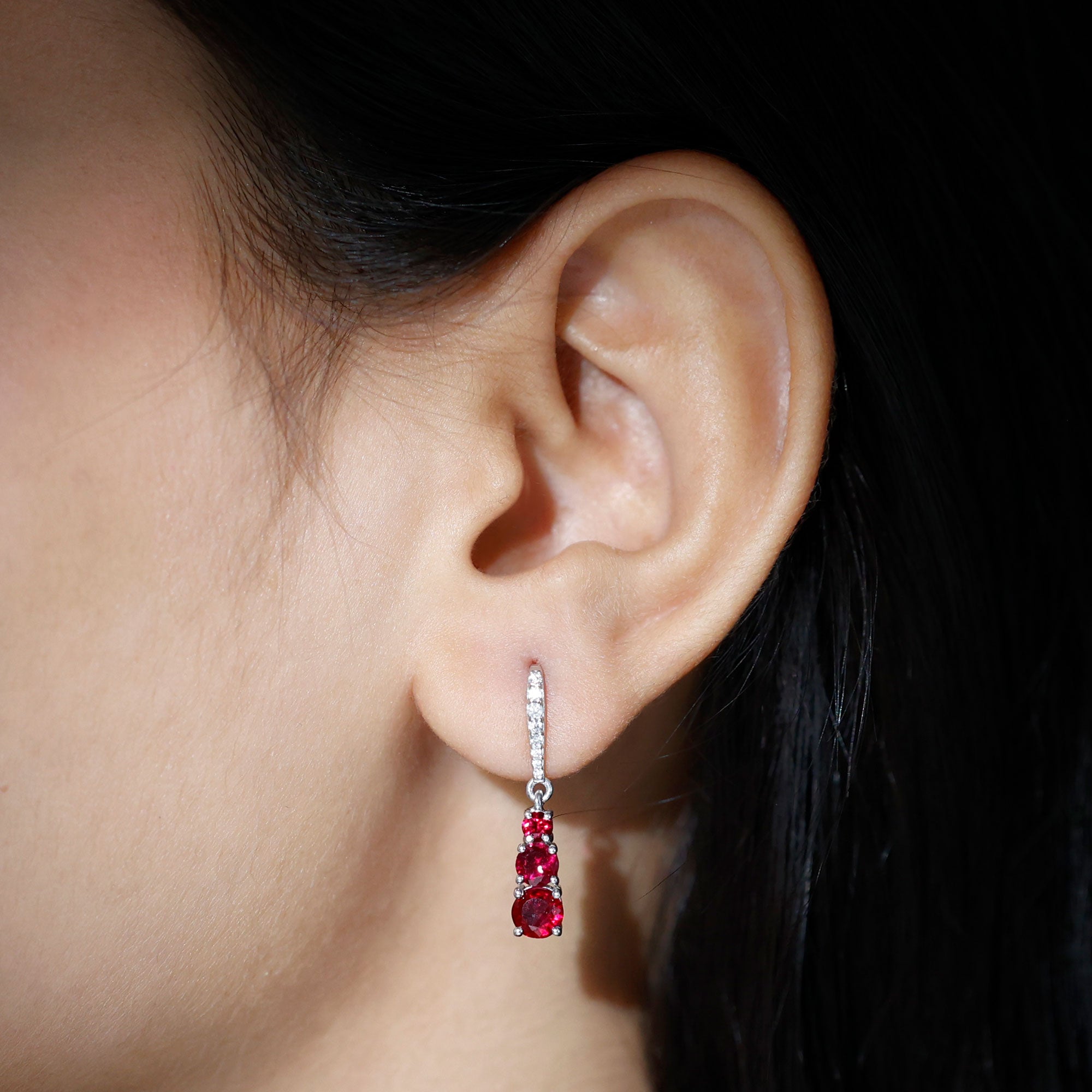 2.50 CT Lab Created Ruby Three Stone Silver Dangle Earrings with Moissanite Lab Created Ruby - ( AAAA ) - Quality 92.5 Sterling Silver - Rosec Jewels