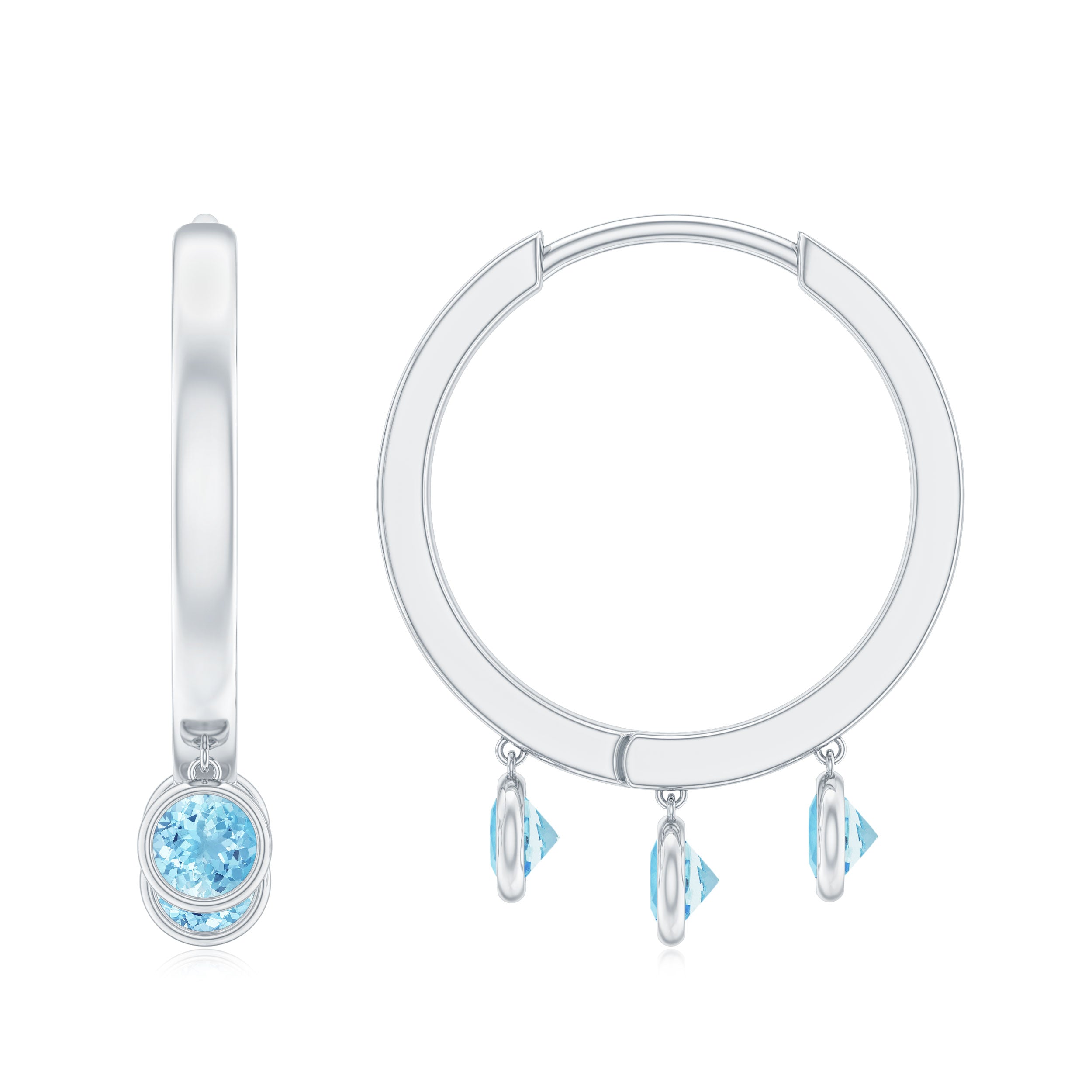 Three Stone Aquamarine Gold Hoop Earring in Bezel Setting Aquamarine - ( AAA ) - Quality - Rosec Jewels