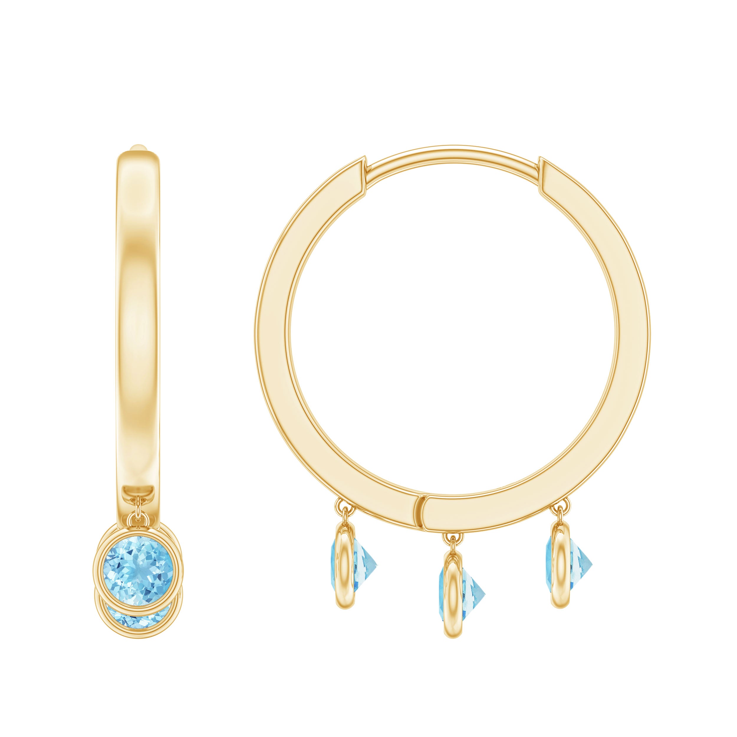 Three Stone Aquamarine Gold Hoop Earring in Bezel Setting Aquamarine - ( AAA ) - Quality - Rosec Jewels