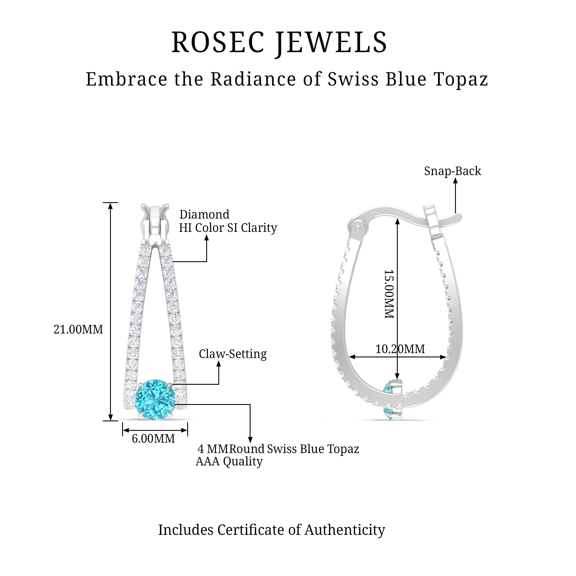 1.75 CT Swiss Blue Topaz and Diamond Statement J Hoop Earrings Swiss Blue Topaz - ( AAA ) - Quality - Rosec Jewels