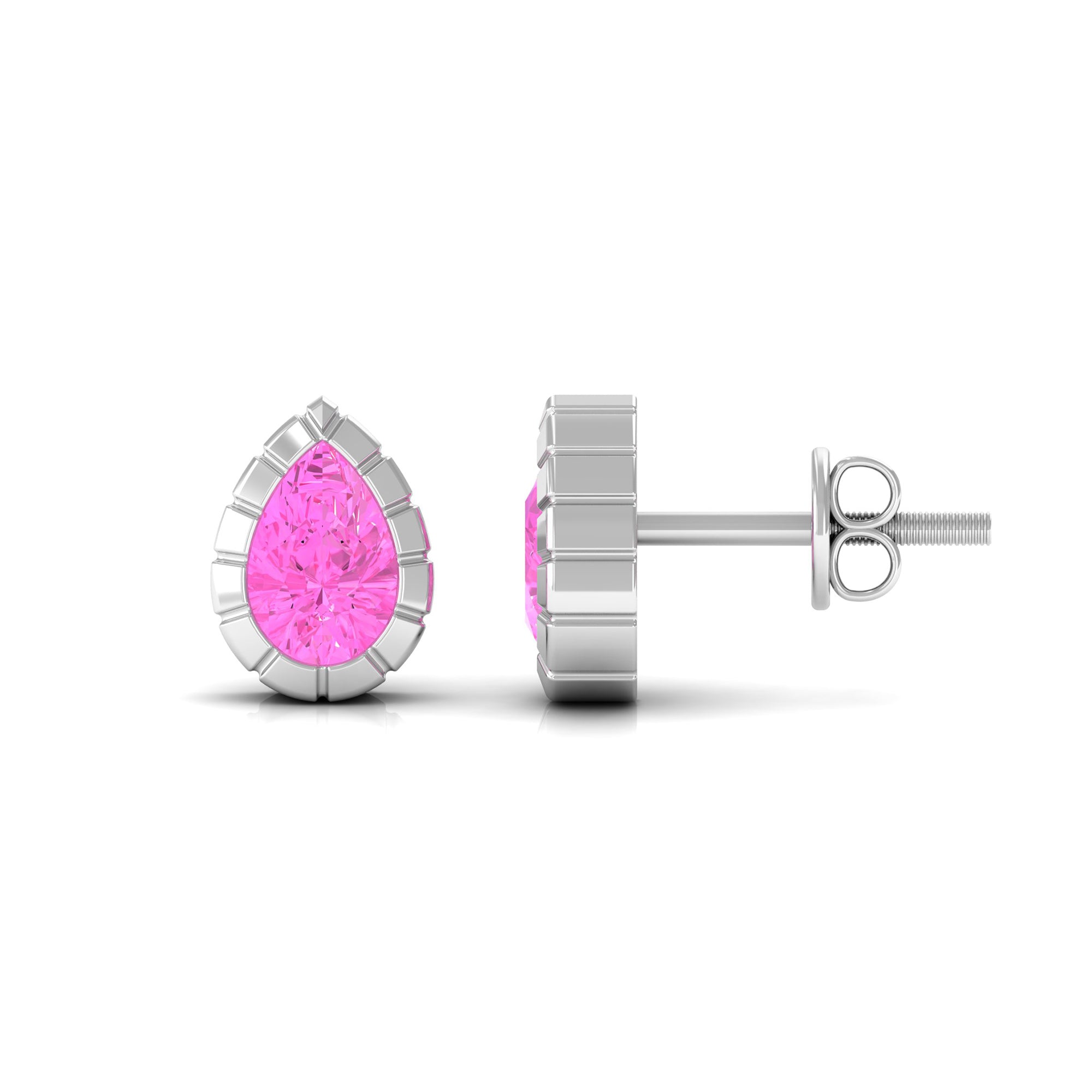 Engraved Bezel Set Pear Cut Pink Sapphire Solitaire Stud Earrings Pink Sapphire - ( AAA ) - Quality - Rosec Jewels