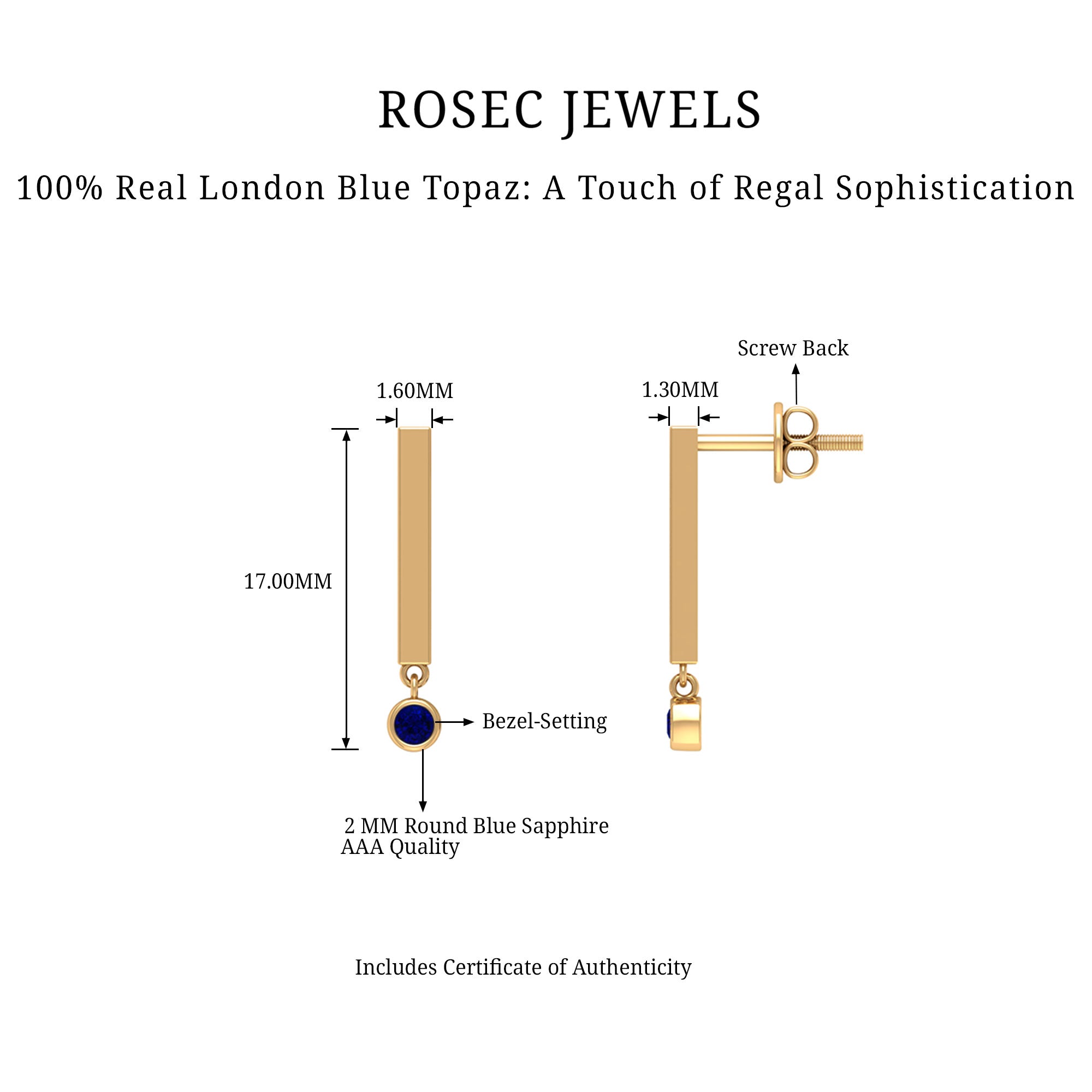 Round Shape Blue Sapphire and Gold Bar Drop Earrings for Women Blue Sapphire - ( AAA ) - Quality - Rosec Jewels