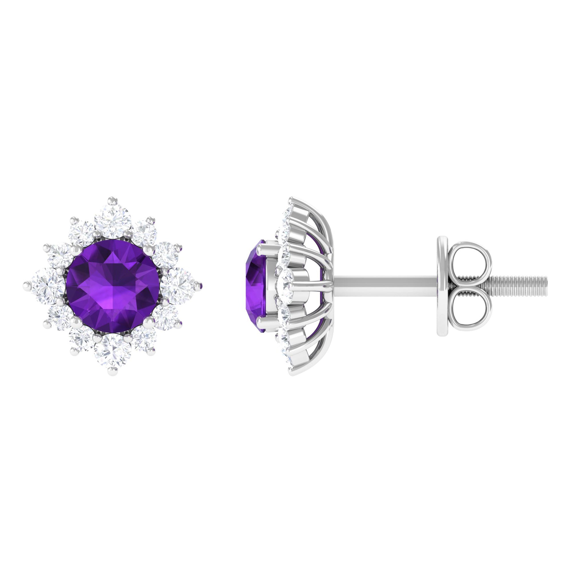 1.5 CT Classic Amethyst Stud Earrings with Diamond Halo Amethyst - ( AAA ) - Quality - Rosec Jewels