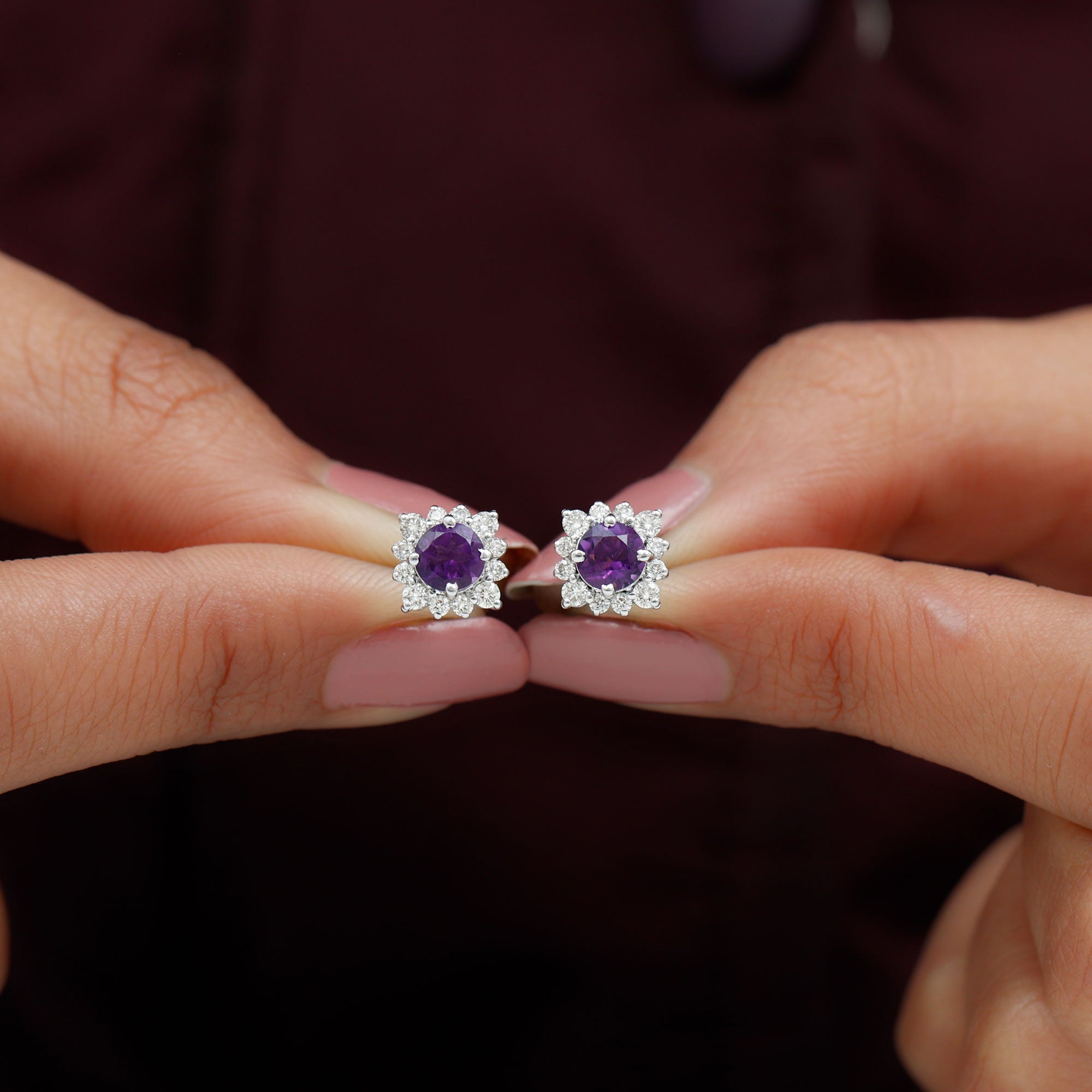 1.5 CT Classic Amethyst Stud Earrings with Diamond Halo Amethyst - ( AAA ) - Quality - Rosec Jewels