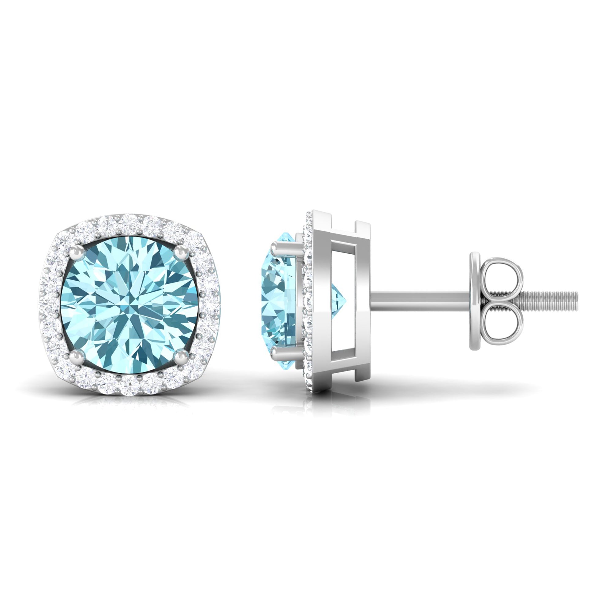 Round Shape Aquamarine Classic Halo Stud Earrings with Diamond Aquamarine - ( AAA ) - Quality - Rosec Jewels