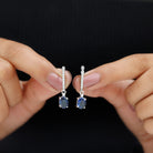 Oval Created Blue Sapphire Hoop Drop Earrings with Moissanite Lab Created Blue Sapphire - ( AAAA ) - Quality - Rosec Jewels