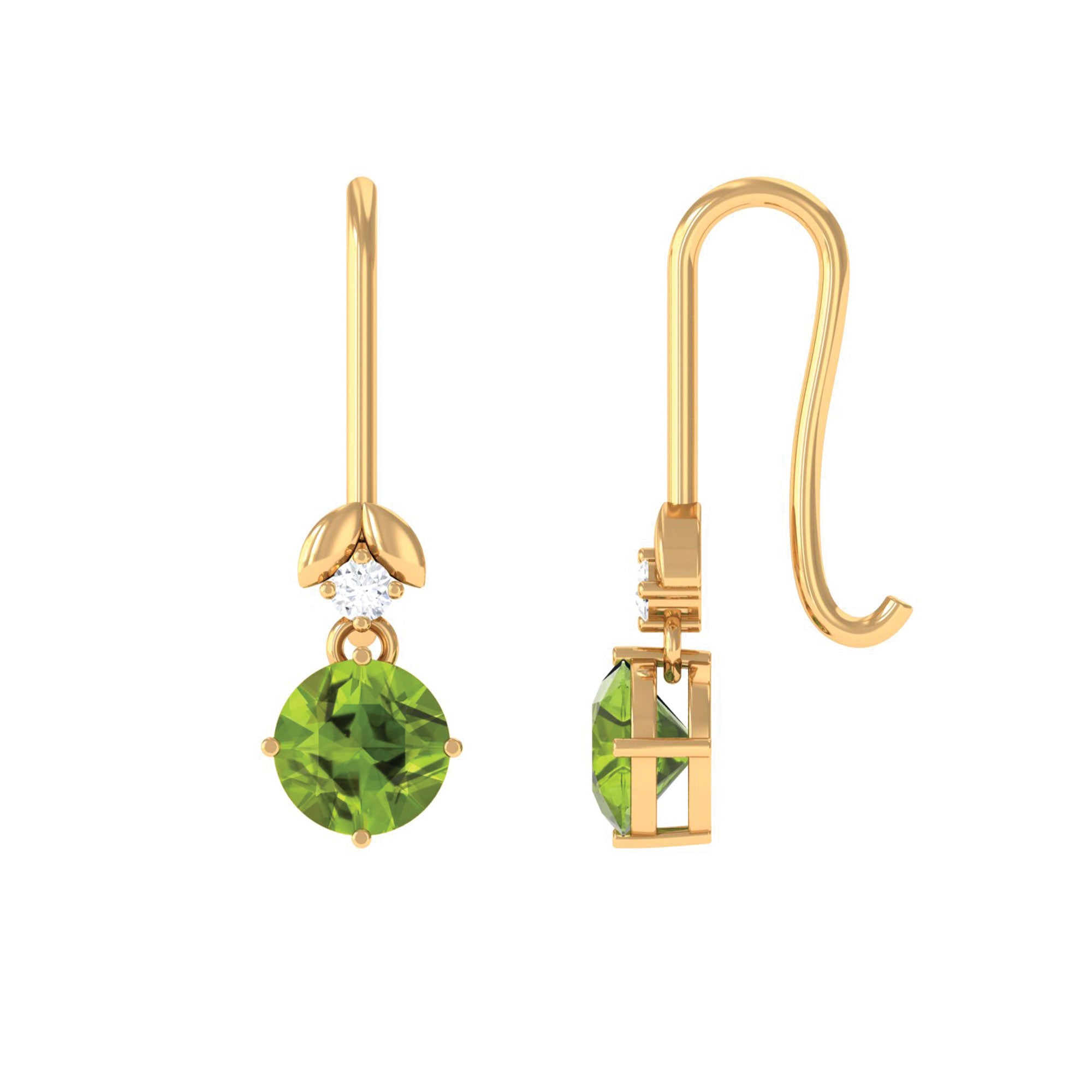 Round Peridot and Moissanite Drop Earrings with Fish Hook Peridot - ( AAA ) - Quality - Rosec Jewels