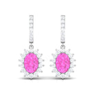 Oval Pink Sapphire and Diamond Sunburst J Hoop Drop Earrings Pink Sapphire - ( AAA ) - Quality - Rosec Jewels