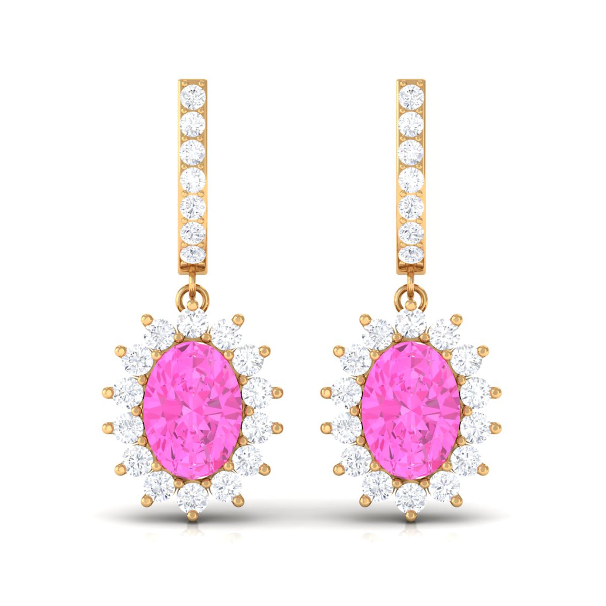 Oval Pink Sapphire and Diamond Sunburst J Hoop Drop Earrings Pink Sapphire - ( AAA ) - Quality - Rosec Jewels