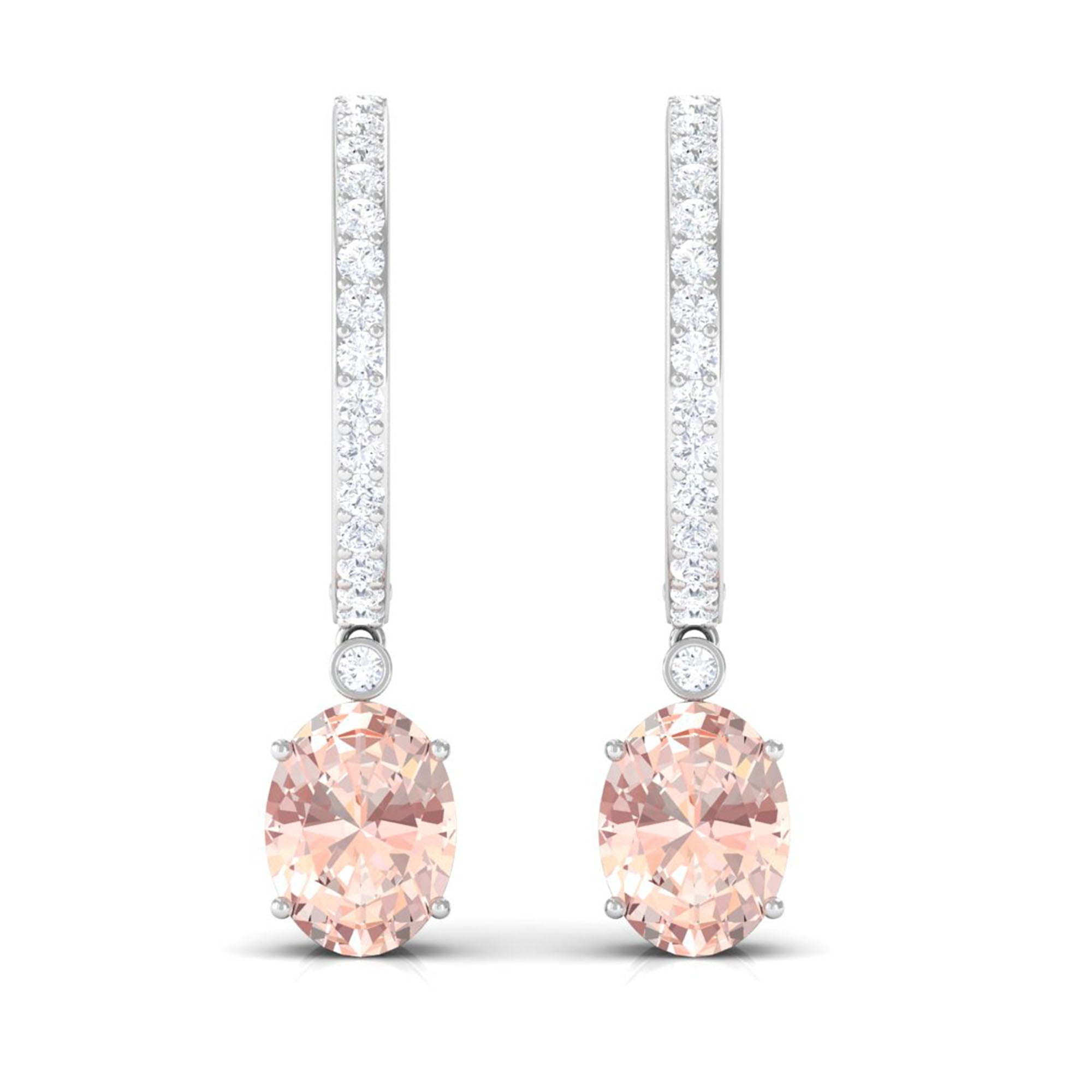 Oval Morganite Hoop Drop Earrings with Diamond Accent Morganite - ( AAA ) - Quality - Rosec Jewels