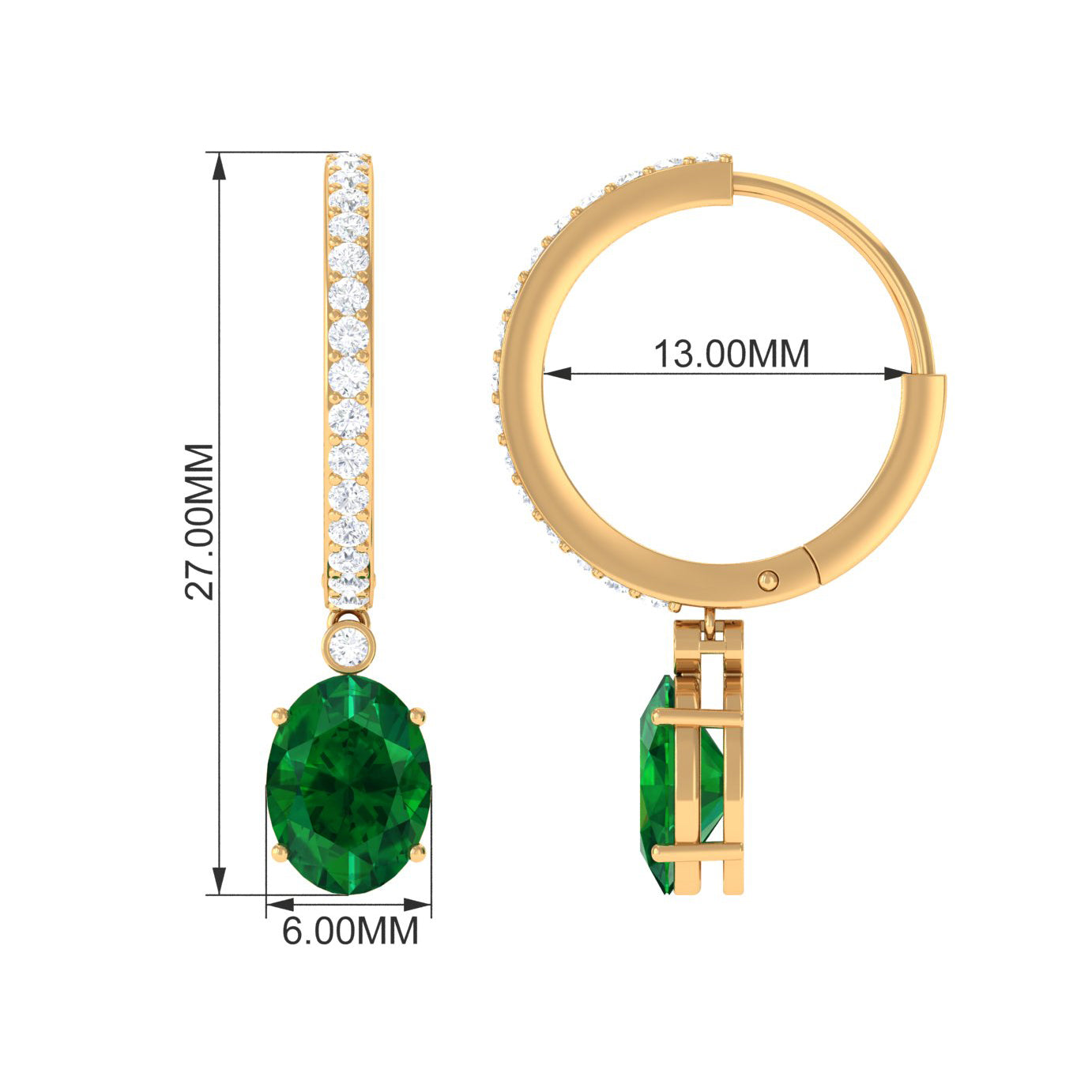 Oval Created Emerald and Diamond Hoop Drop Earrings Lab Created Emerald - ( AAAA ) - Quality - Rosec Jewels