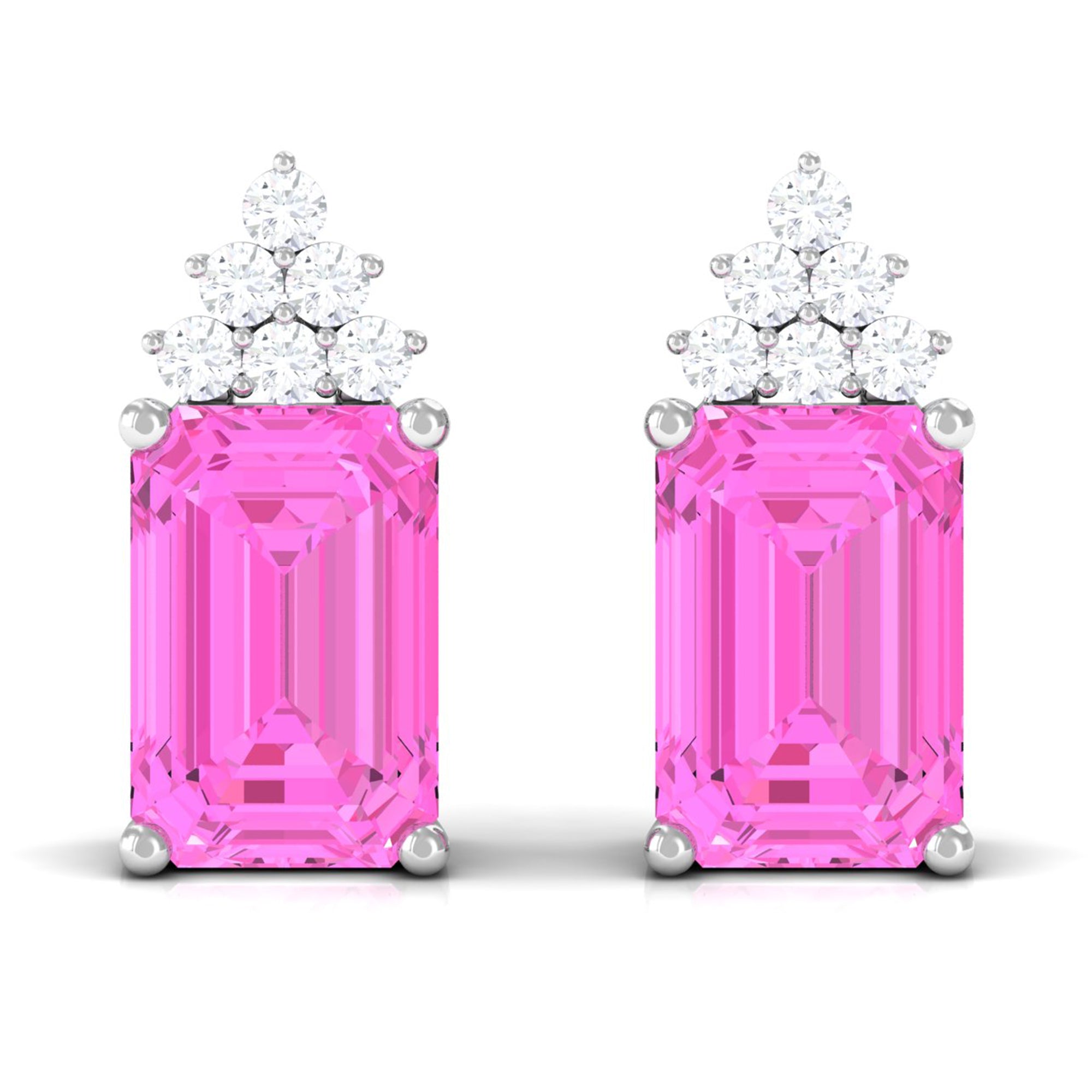 Emerald Cut Pink Sapphire Stud Earrings with Diamond Cluster Pink Sapphire - ( AAA ) - Quality - Rosec Jewels