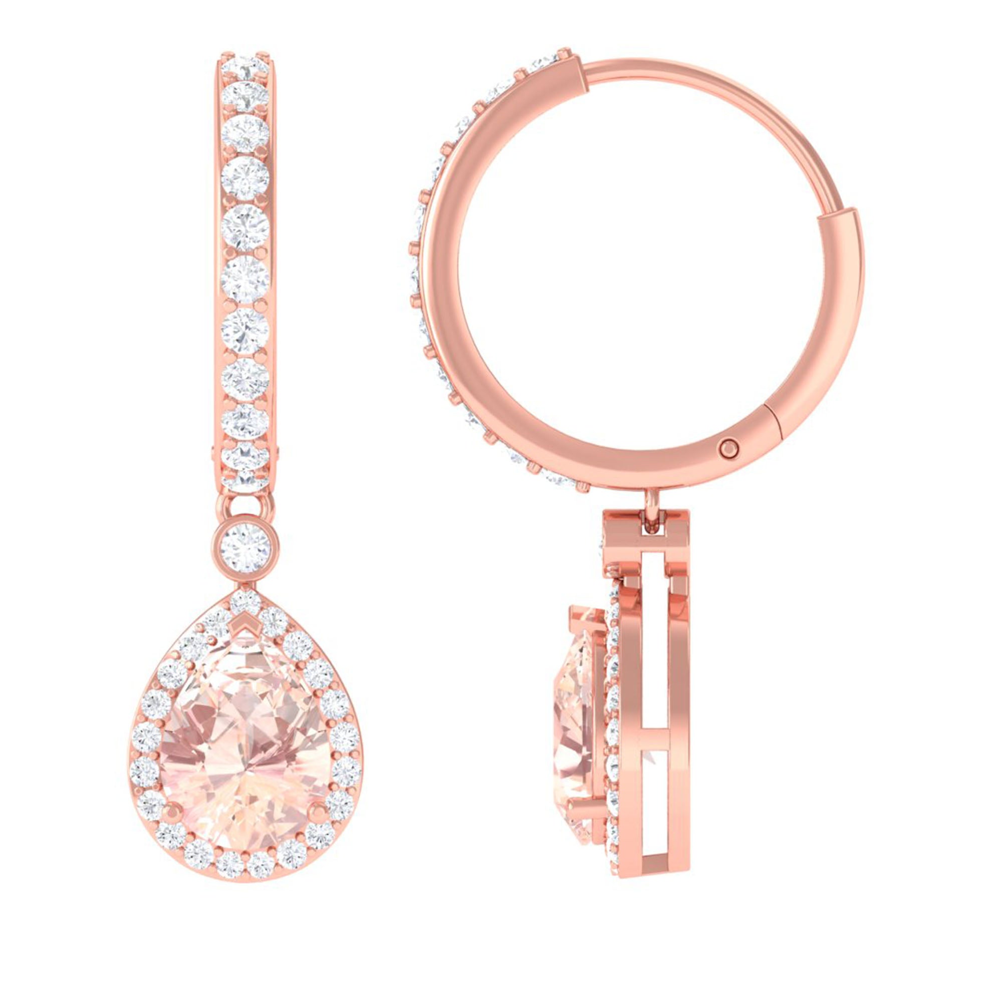 Pear Cut Morganite Hoop Drop Earrings with Diamond Halo Morganite - ( AAA ) - Quality - Rosec Jewels