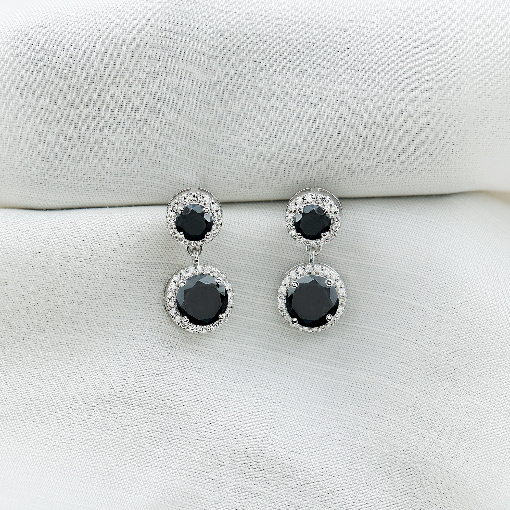 3.75 CT Black Onyx and Moissanite Halo Dangle Earrings in Silver Black Onyx - ( AAA ) - Quality 92.5 Sterling Silver - Rosec Jewels