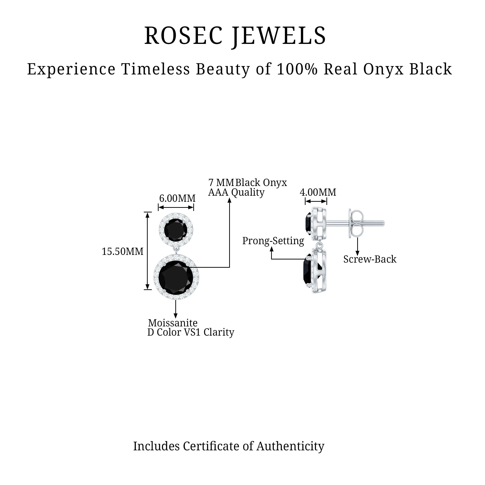 3.75 CT Black Onyx and Moissanite Halo Dangle Earrings Black Onyx - ( AAA ) - Quality - Rosec Jewels