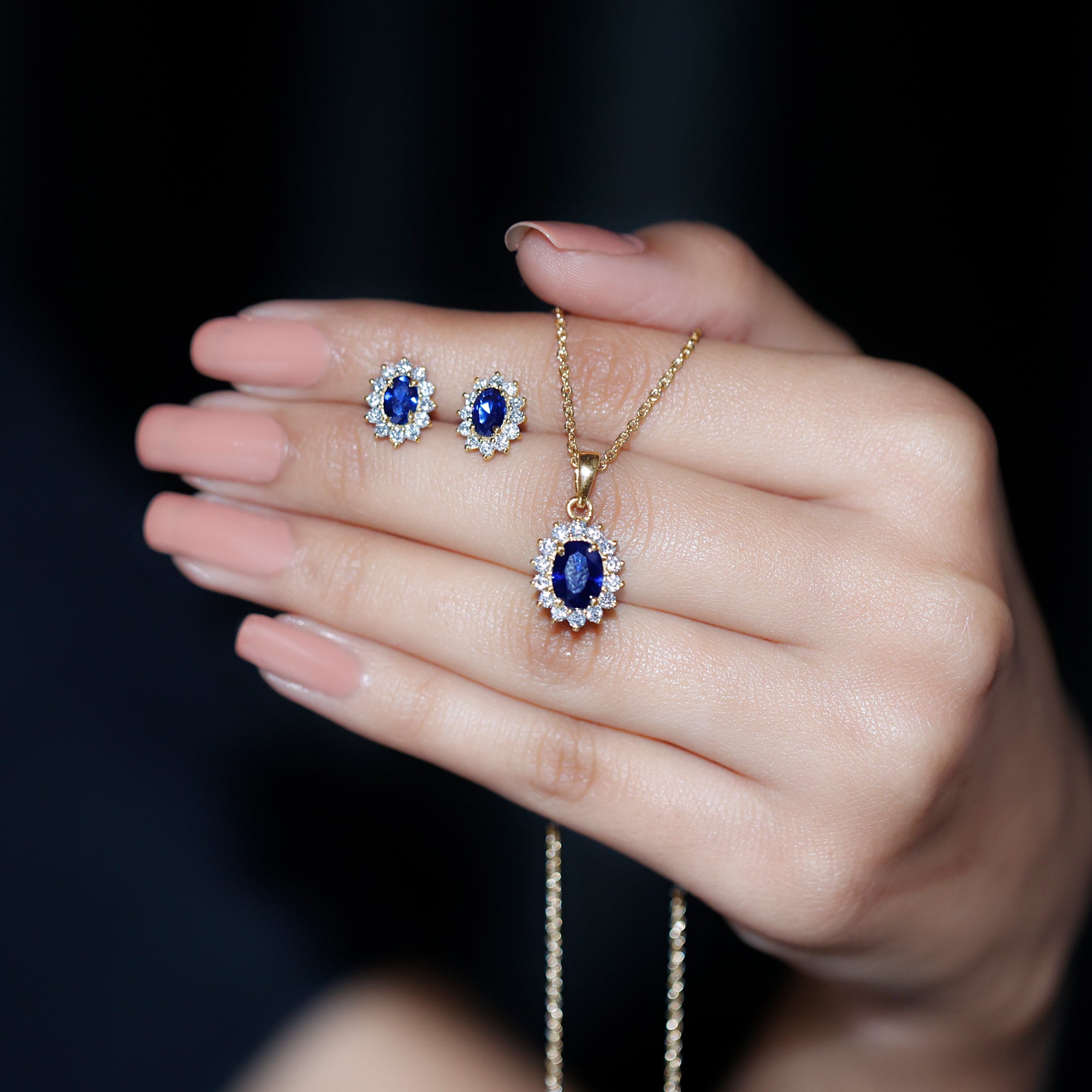 Classic Oval Cut Created Blue Sapphire and Moissanite Halo Jewelry Set Lab Created Blue Sapphire - ( AAAA ) - Quality - Rosec Jewels