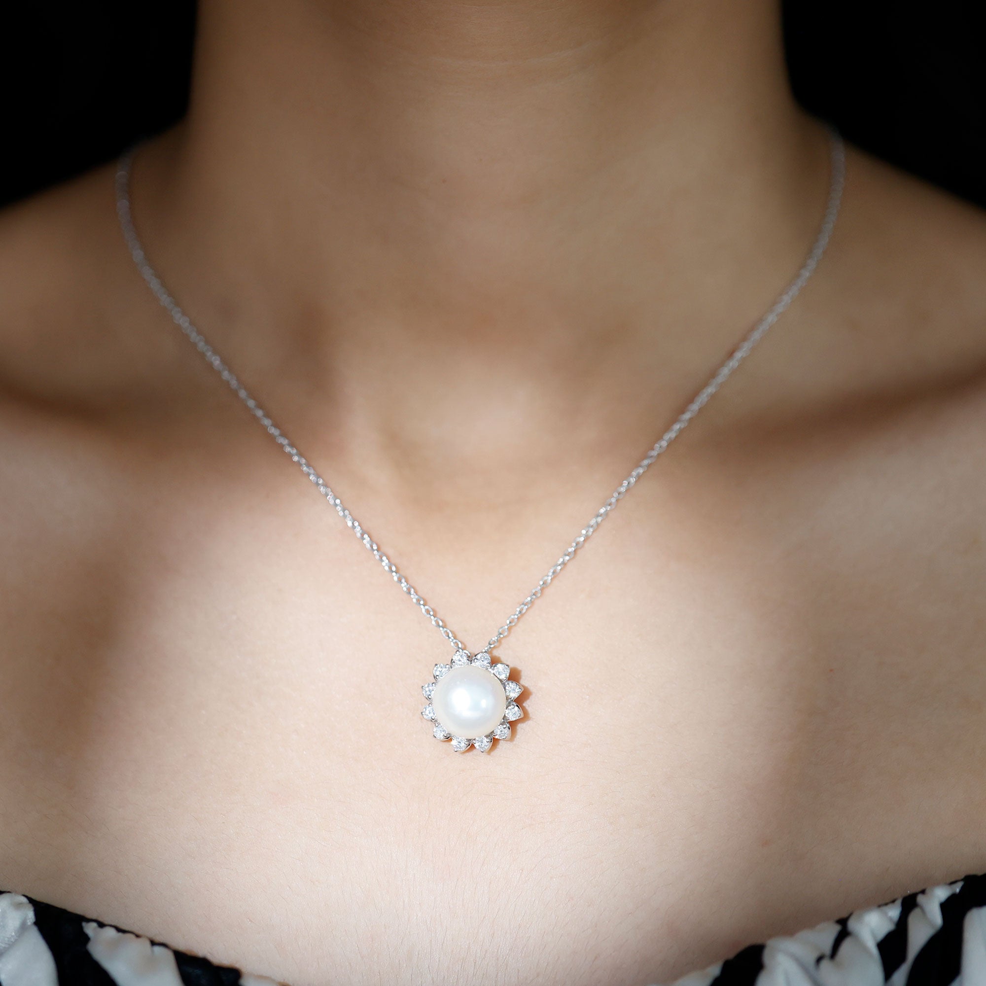 Freshwater Pearl and Moissanite Cocktail Flower Pendant Necklace - Rosec Jewels