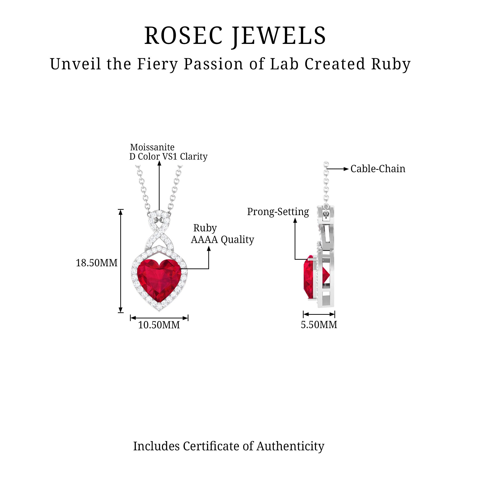 2.25 CT Heart Shape Created Ruby Silver Pendant with Moissanite Accent - Rosec Jewels