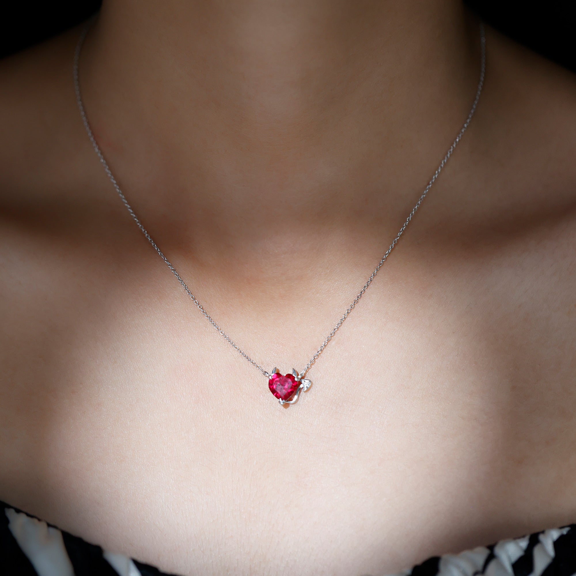 Created Ruby Devil Silver Heart Necklace with Zircon - Rosec Jewels