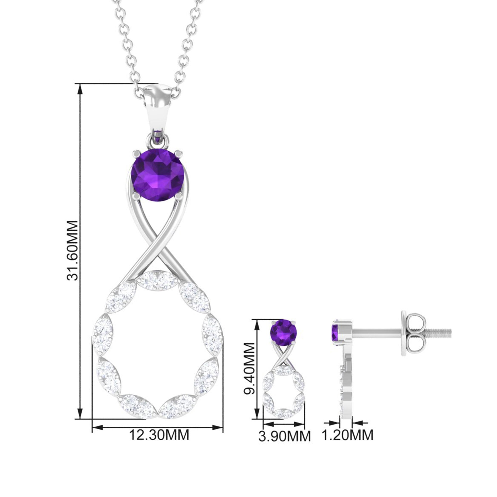 1.25 CT Amethyst and Diamond Infinity Pendant and Earrings Set Amethyst - ( AAA ) - Quality - Rosec Jewels