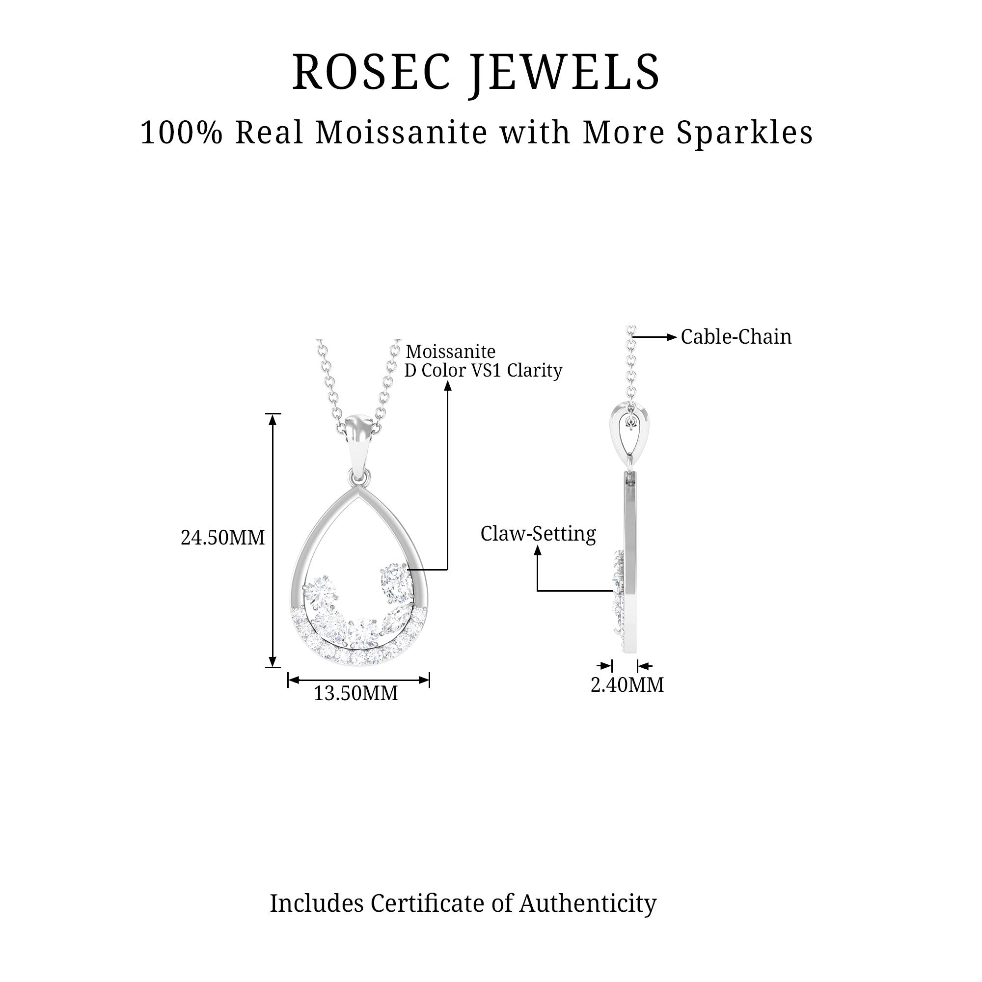 Designer Moissanite Teardrop Pendant Necklace Moissanite - ( D-VS1 ) - Color and Clarity - Rosec Jewels