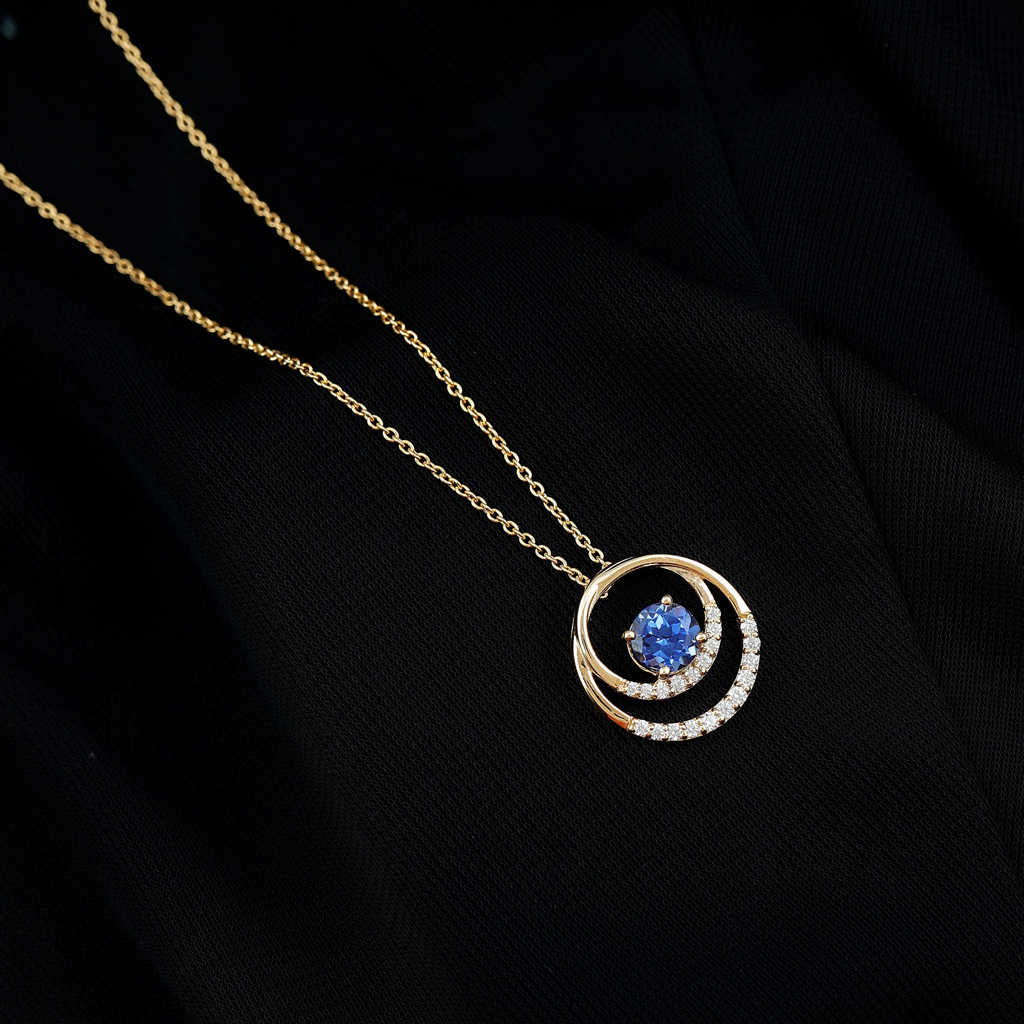Certified Created Blue Sapphire and Moissanite Open Circle Pendant in Gold Lab Created Blue Sapphire - ( AAAA ) - Quality - Rosec Jewels