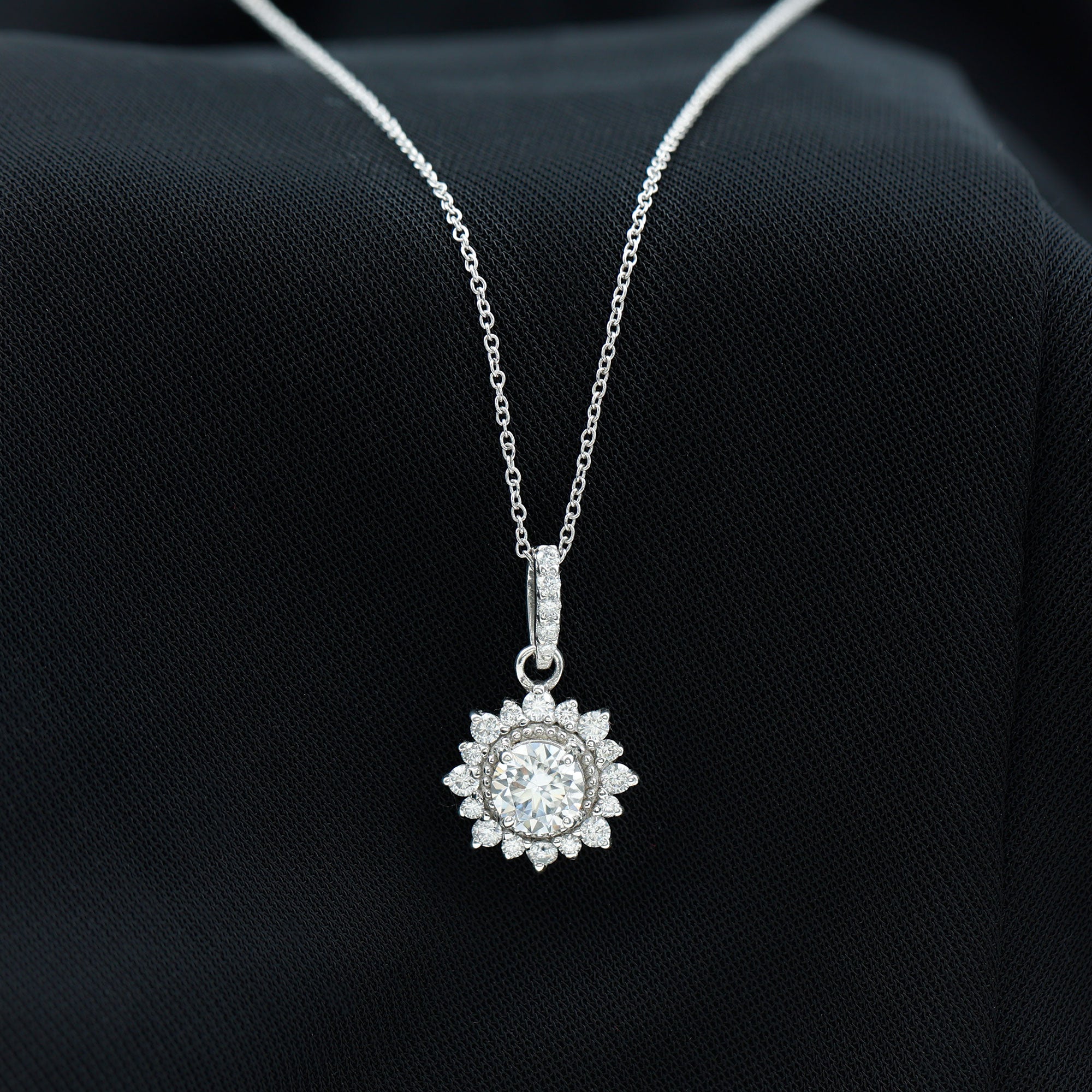 Round Moissanite Halo Pendant with Beaded Detailing Moissanite - ( D-VS1 ) - Color and Clarity - Rosec Jewels