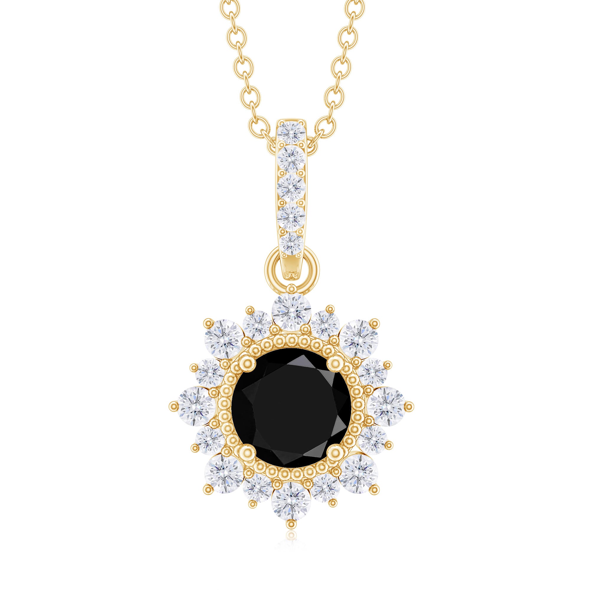 Round Black Onyx Halo Pendant with Diamond Accent Bail Black Onyx - ( AAA ) - Quality - Rosec Jewels