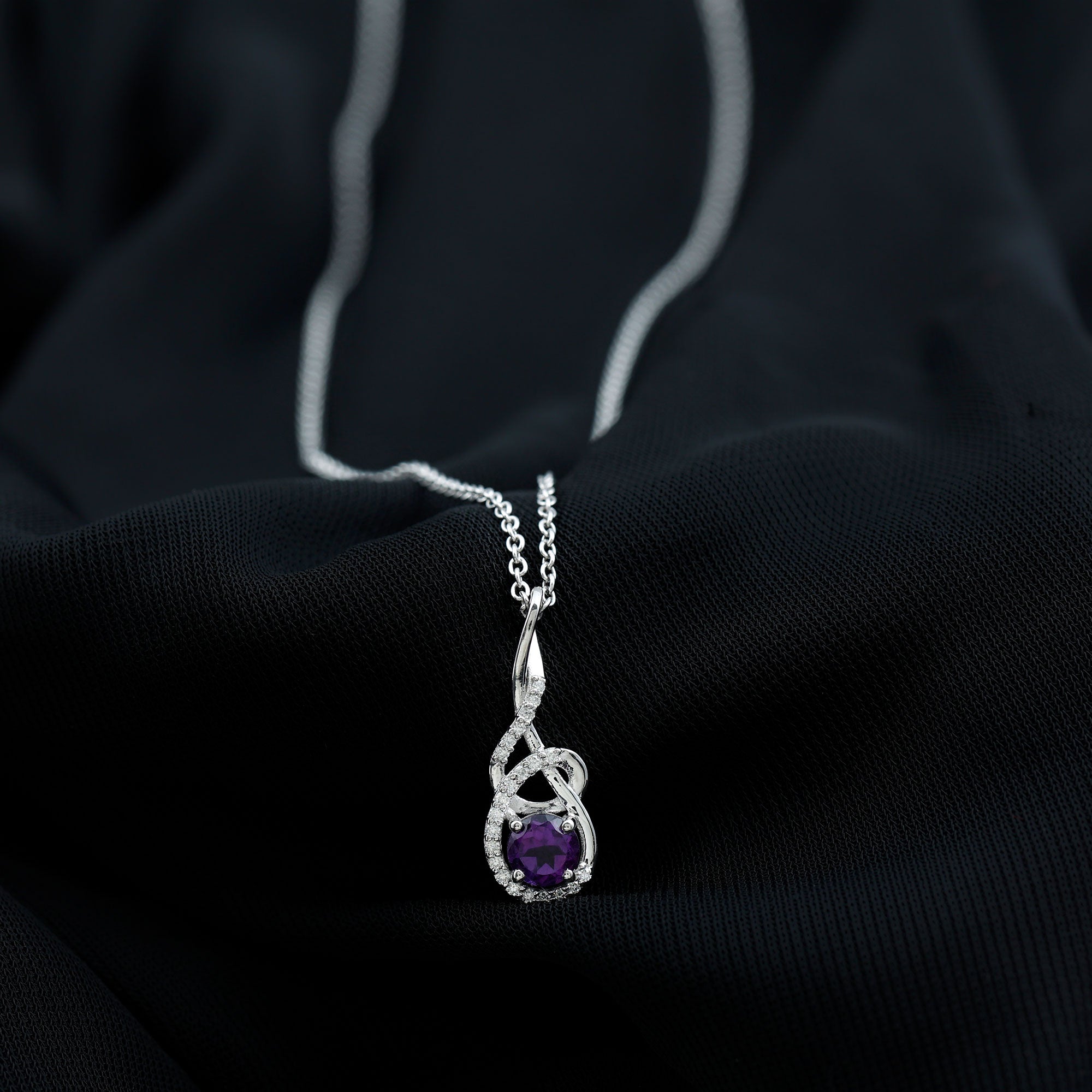 Designer Round Amethyst and Diamond Twisted Drop Pendant Amethyst - ( AAA ) - Quality - Rosec Jewels