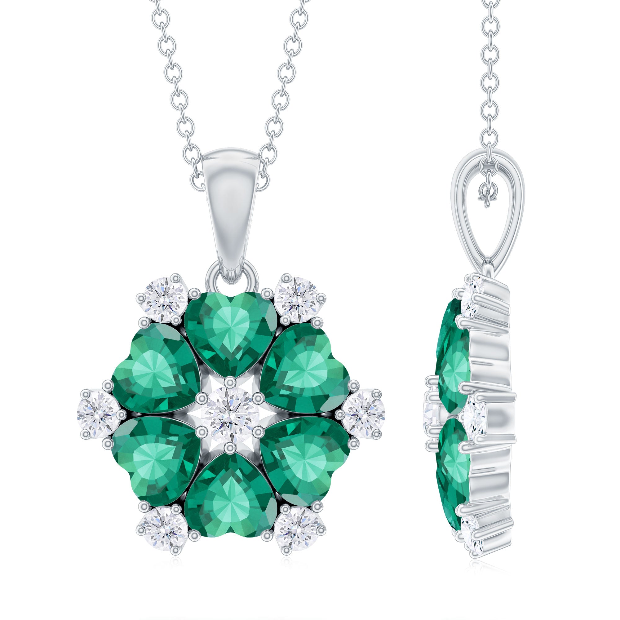 2 CT Heart Shape Created Emerald and Diamond Flower Pendant Lab Created Emerald - ( AAAA ) - Quality - Rosec Jewels