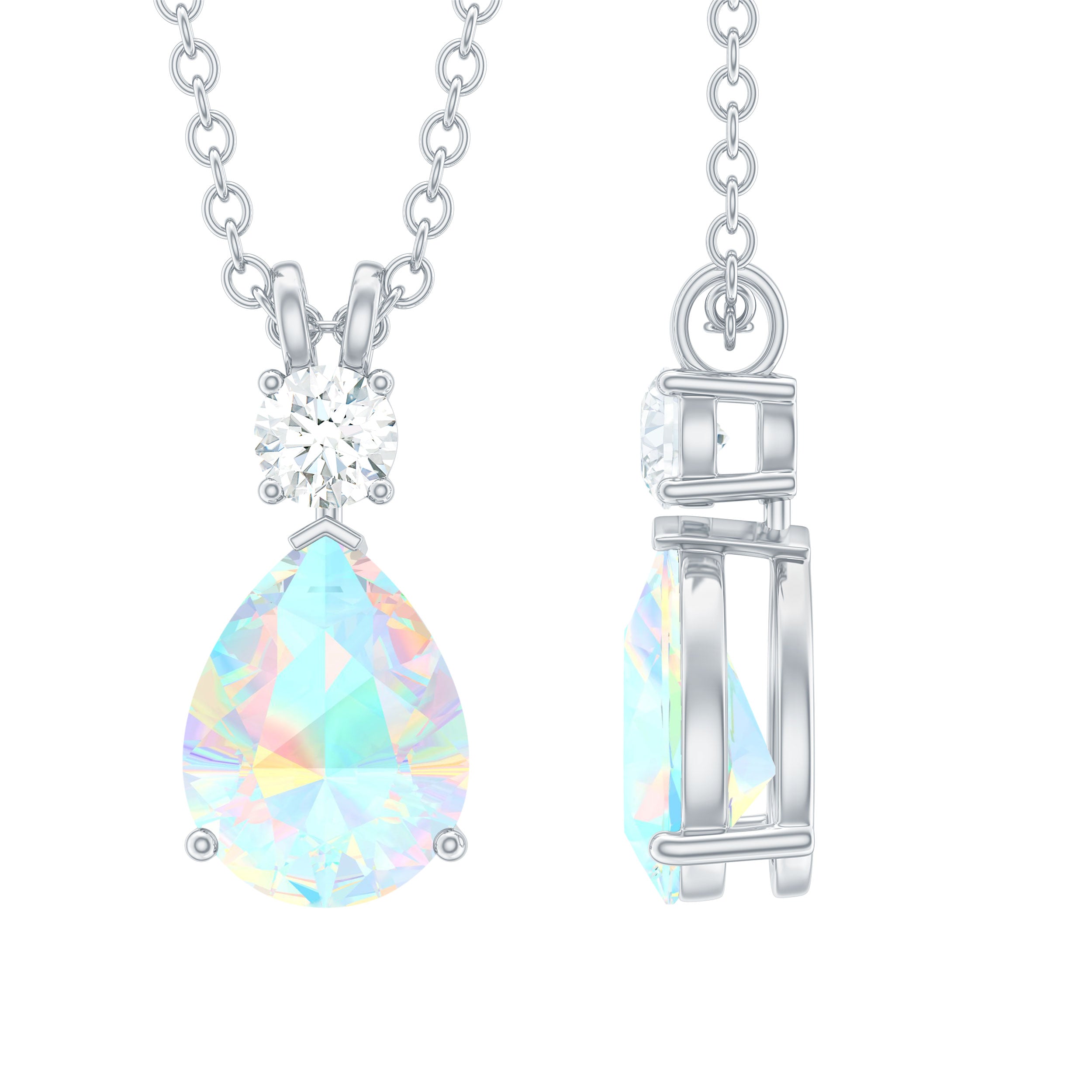 Simple Ethiopian Opal Teardrop Silver Pendant with Moissanite - Rosec Jewels