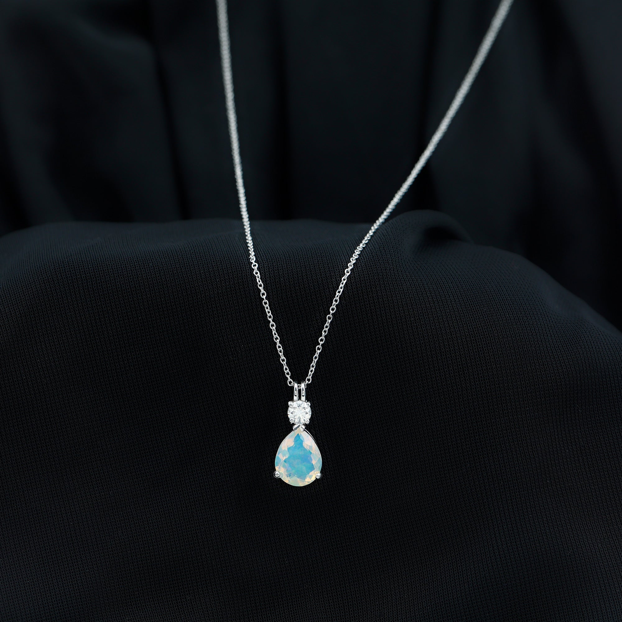 Simple Ethiopian Opal Teardrop Silver Pendant with Moissanite - Rosec Jewels