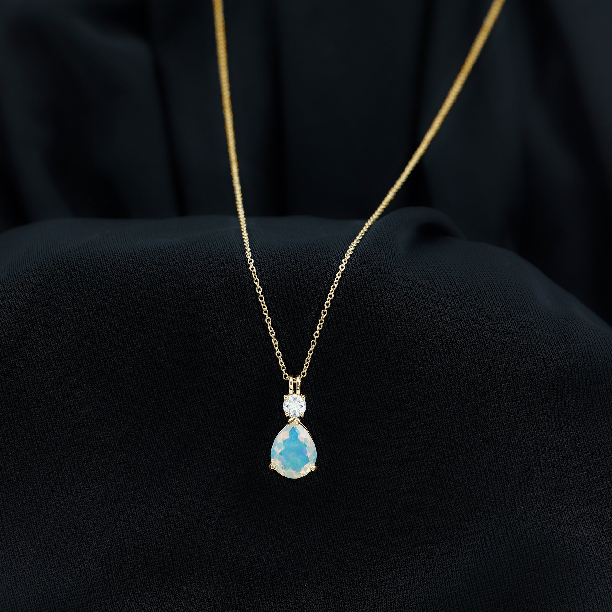 Simple Ethiopian Opal Teardrop Pendant with Moissanite Ethiopian Opal - ( AAA ) - Quality - Rosec Jewels