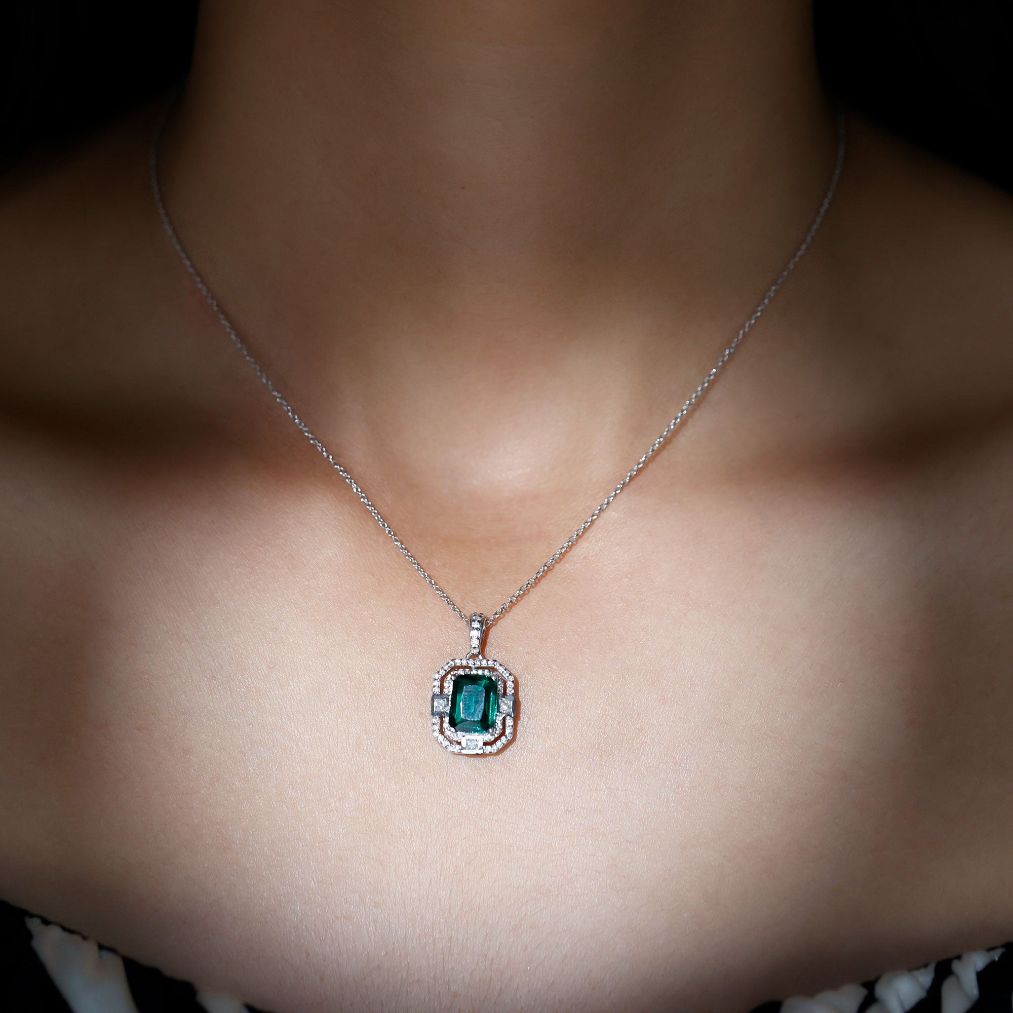 Vintage Inspired Octagon Cut Created Emerald and Moissanite Pendant in Silver - Rosec Jewels