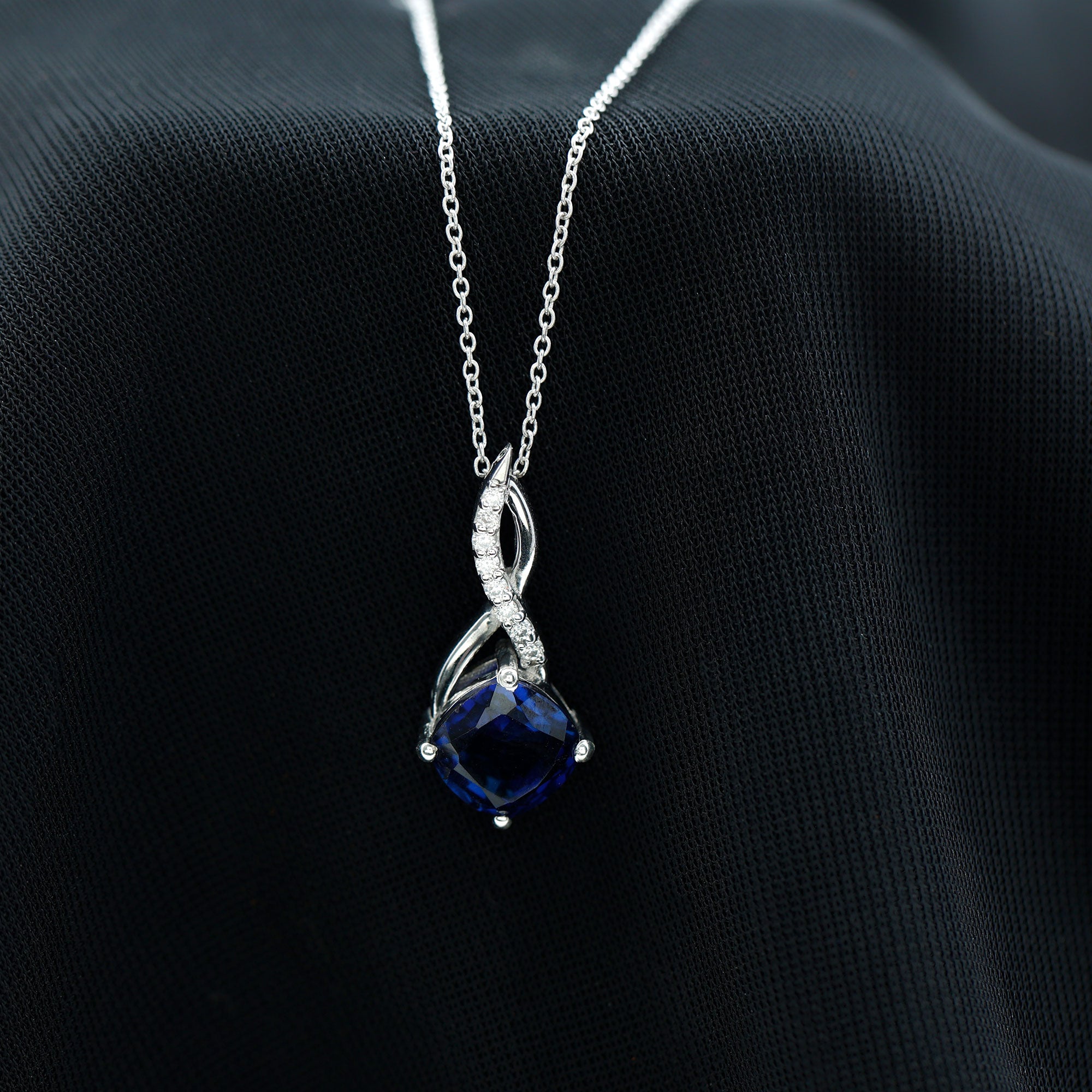 Cushion Cut Created Blue Sapphire Solitaire Silver Infinity Pendant with Moissanite - Rosec Jewels