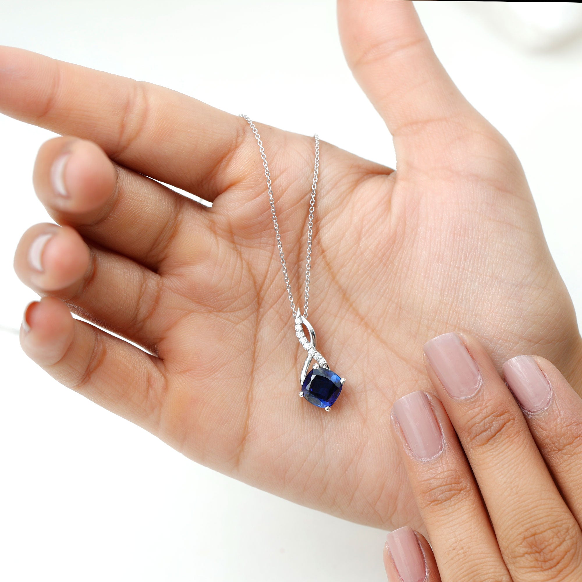 Cushion Cut Created Blue Sapphire Solitaire Silver Infinity Pendant with Moissanite - Rosec Jewels