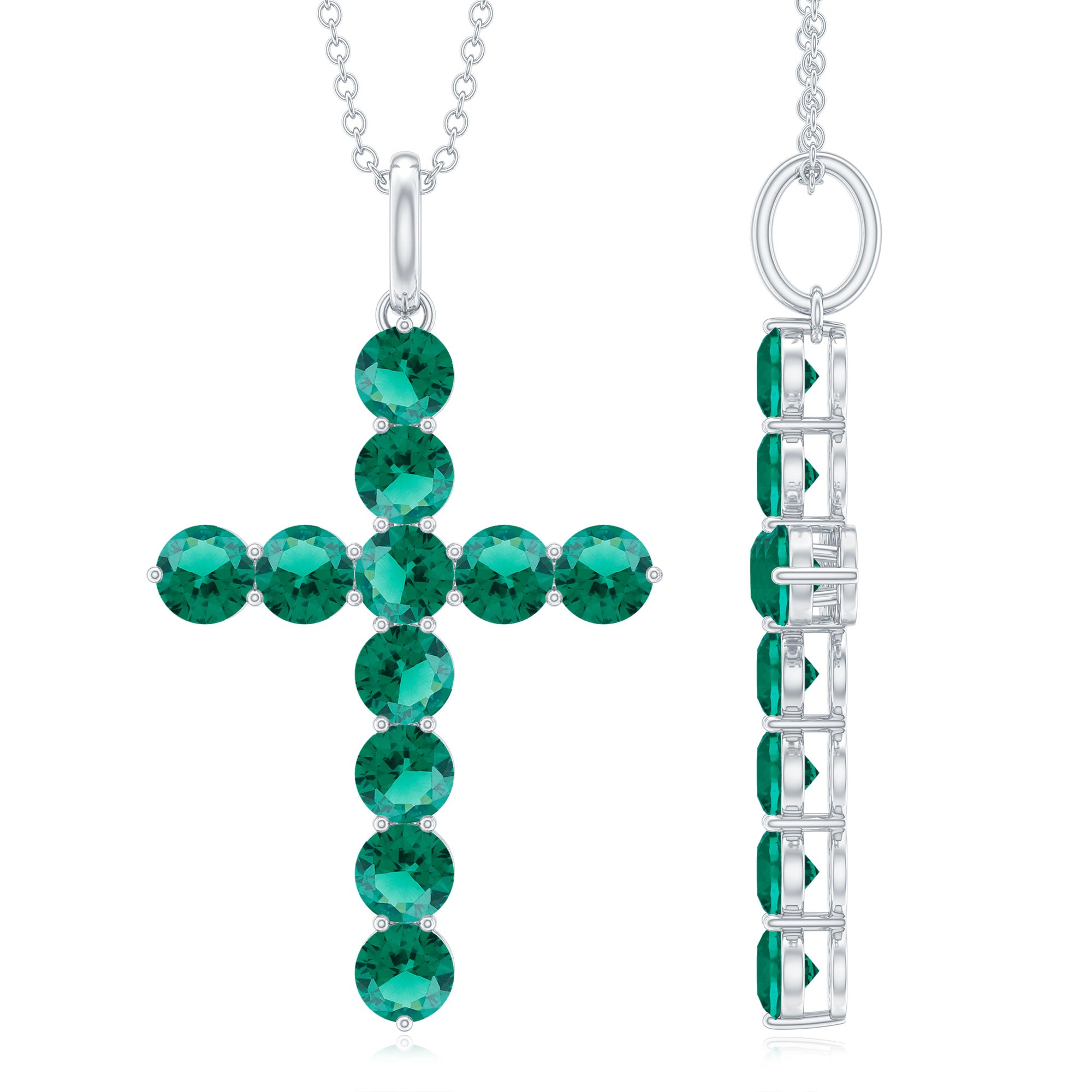 3 CT Created Emerald Cross Pendant Necklace in Gold Lab Created Emerald - ( AAAA ) - Quality - Rosec Jewels