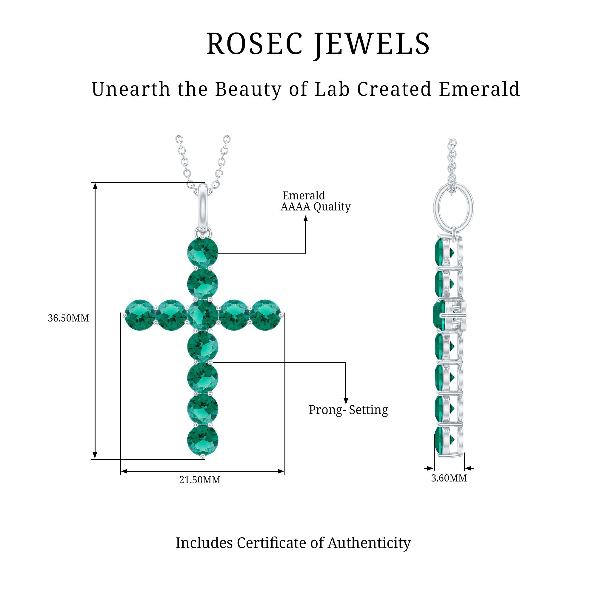 3 CT Created Emerald Cross Pendant Necklace in Gold Lab Created Emerald - ( AAAA ) - Quality - Rosec Jewels