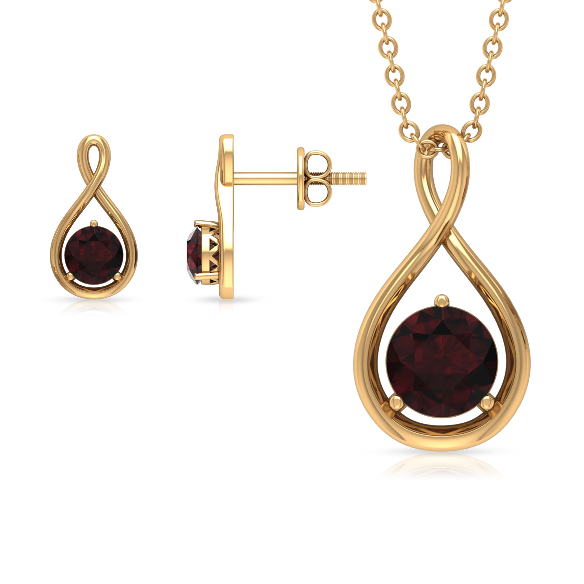 3 Prong Set Garnet Solitaire and Gold Infinity Jewelry Set Garnet - ( AAA ) - Quality - Rosec Jewels