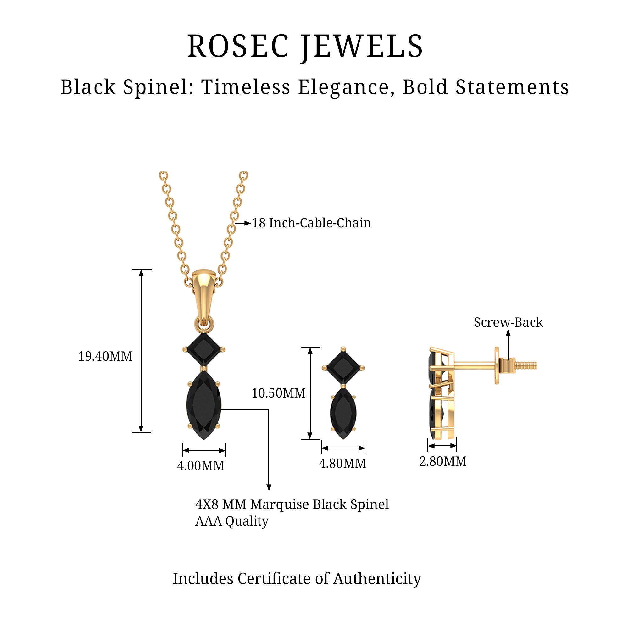 1.5 CT Princess and Marquise Shape Black Spinel Dangle Jewelry Set for Women Black Spinel - ( AAA ) - Quality - Rosec Jewels