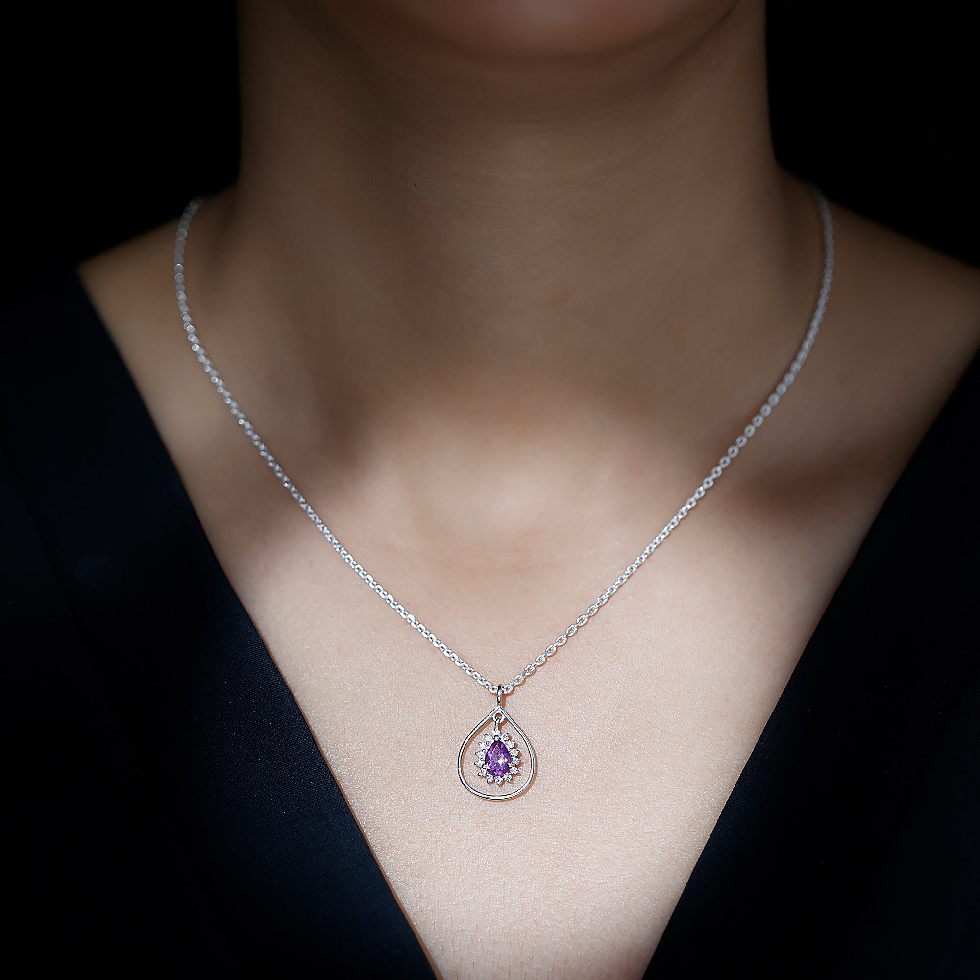 Real Amethyst Moissanite Teardrop Pendant Necklace - Rosec Jewels