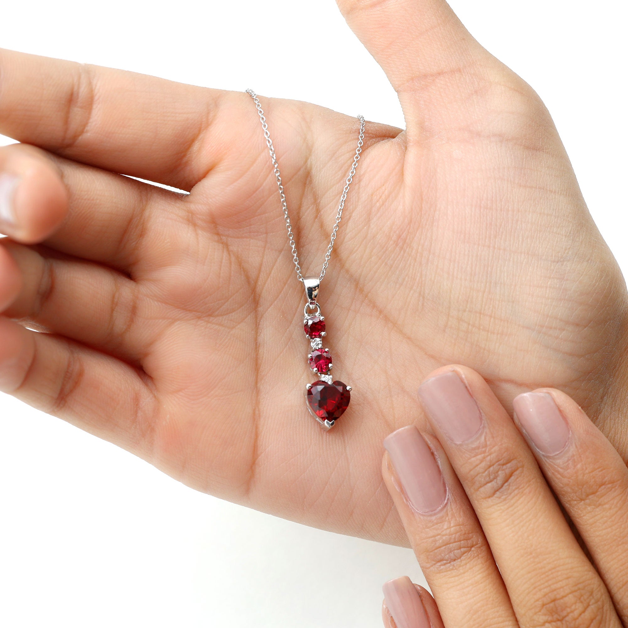 Created Ruby and Moissanite Heart Dangle Pendant Necklace in Silver - Rosec Jewels